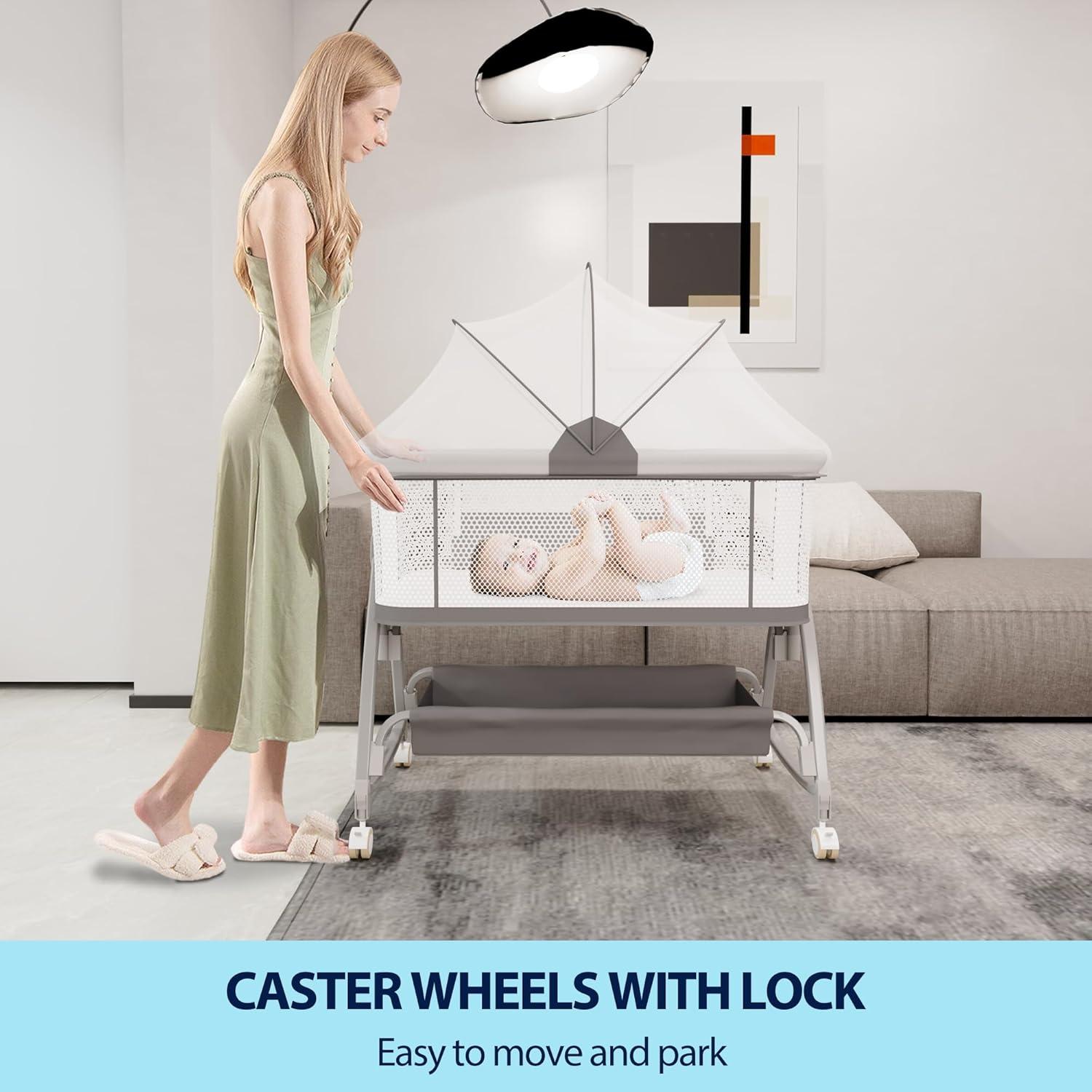 Cuna Lateral 3 en 1 Luvkixen Gris con Colchón y Ruedas