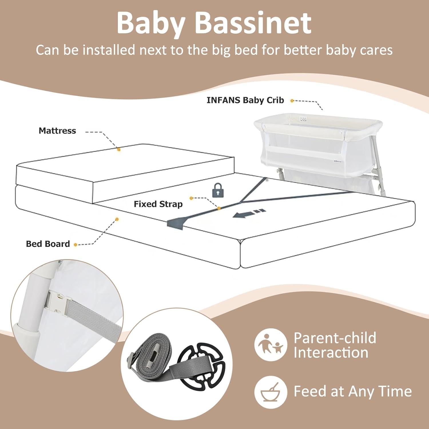 Cuna Lateral INFANS Ajustable para Bebés Blanco 3 en 1