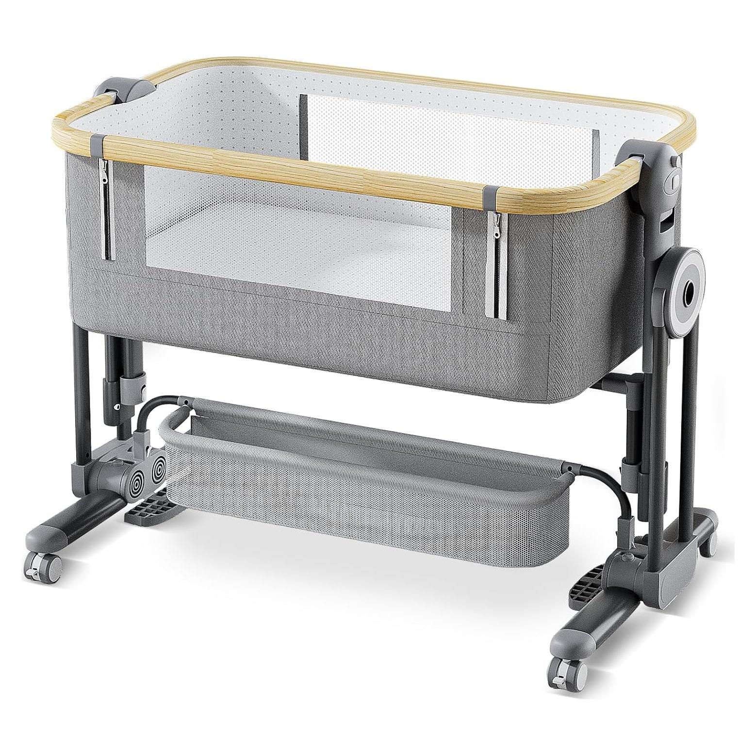 Cuna 4 en 1 Cawesor Gris Plegable con Colchón y Ruedas