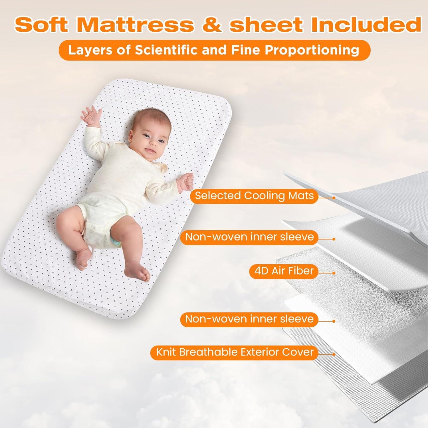 Cuna 4 en 1 Cawesor Gris Plegable con Colchón y Ruedas