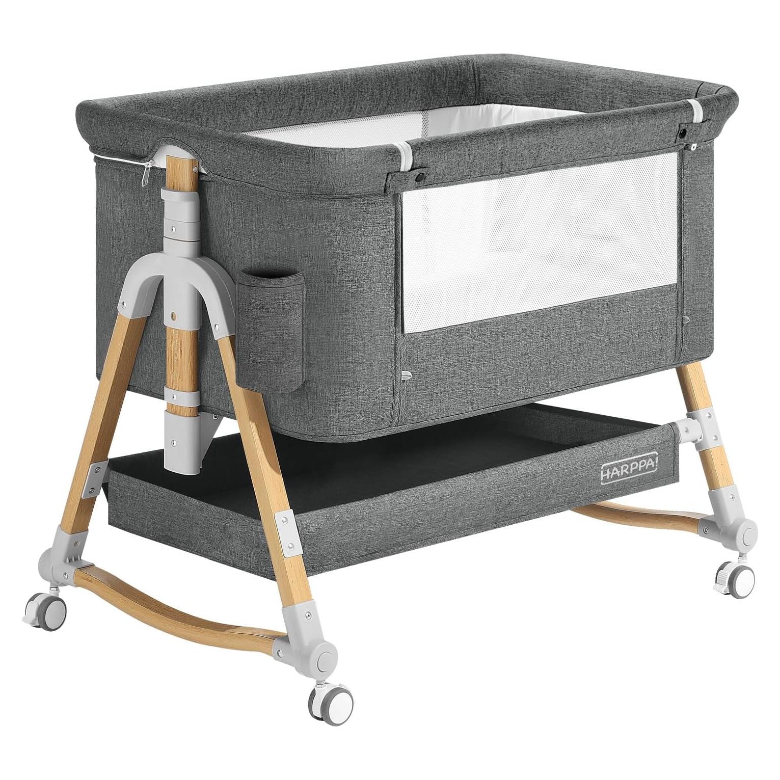 Cuna Lateral 3 en 1 HARPPA Gris con Colchón y Ruedas