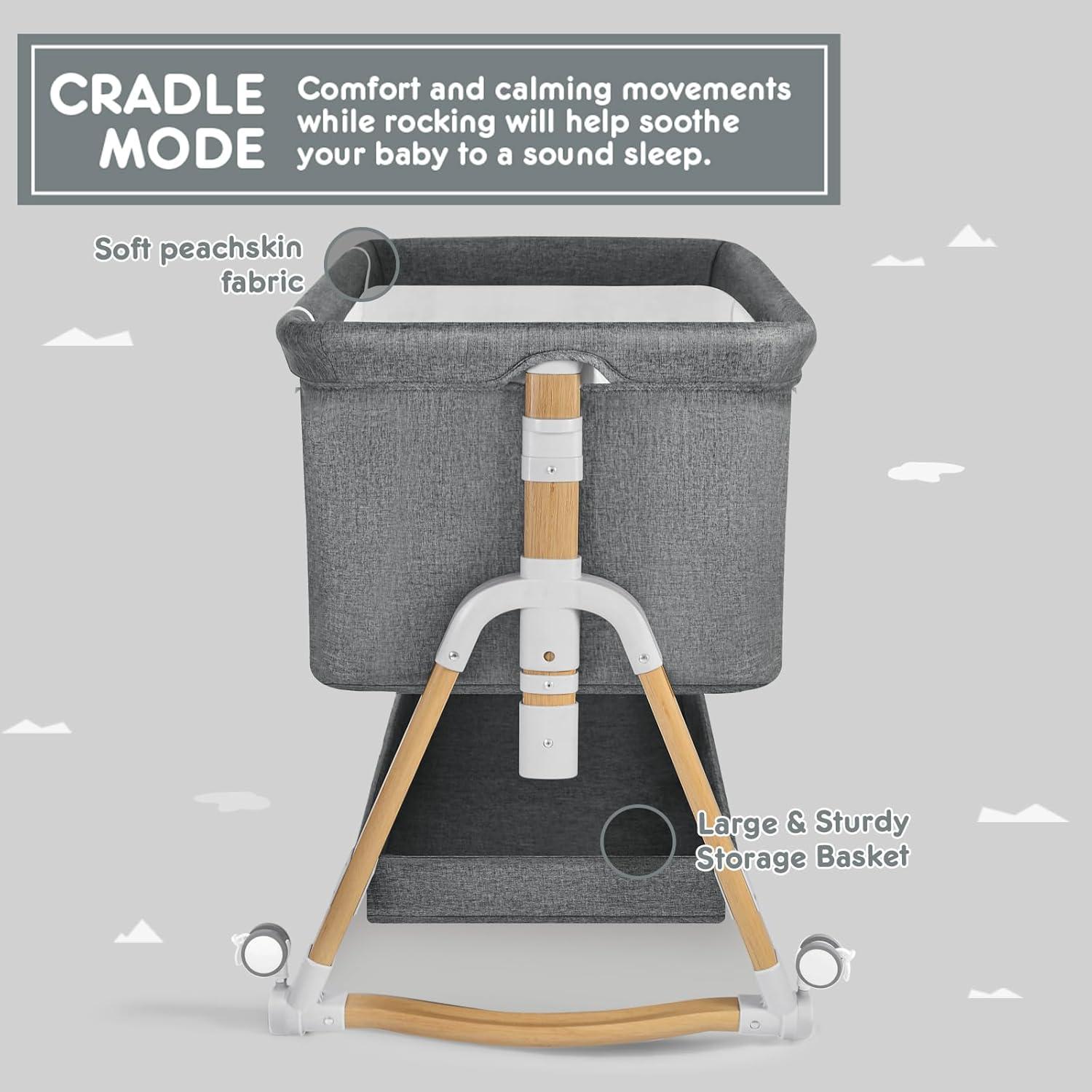 Cuna Lateral 3 en 1 HARPPA Gris con Colchón y Ruedas