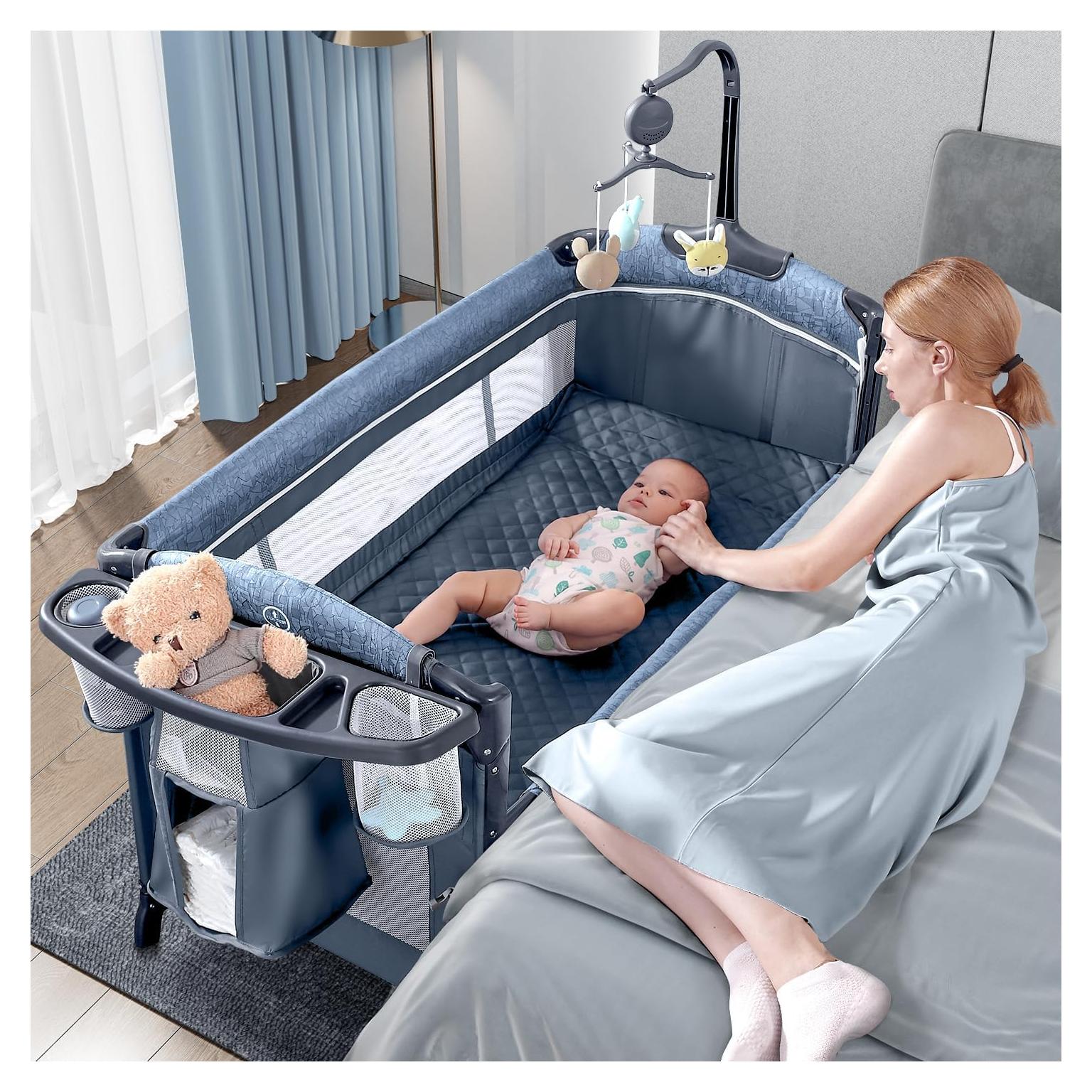 Cuna Lateral BabyBond UP650S Azul 5 en 1 con Cambiador