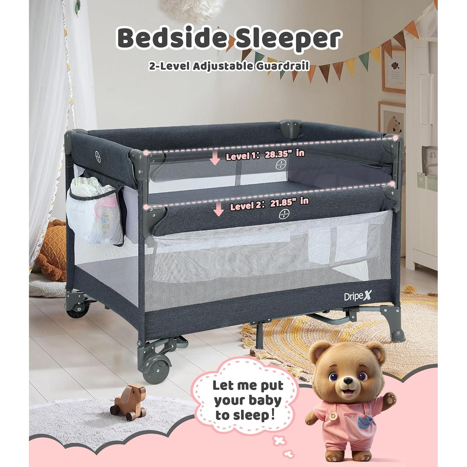 Dripex 5 in 1 Pack n Play with Bassinet, 2-Level Height Bedside Crib, Storage Pocket & Breathable Mesh - Foldable Portable Baby Playard for Newborn to Toddlers (Travel/Home), Dark Grey