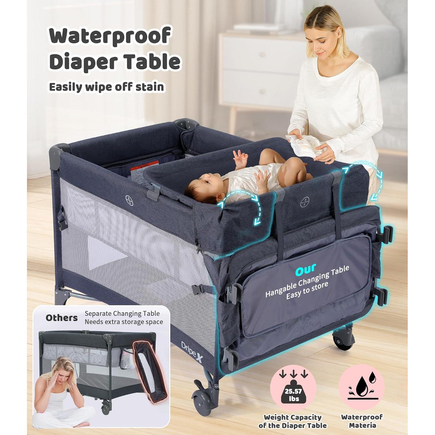 Dripex 5 in 1 Pack n Play with Bassinet, 2-Level Height Bedside Crib, Storage Pocket & Breathable Mesh - Foldable Portable Baby Playard for Newborn to Toddlers (Travel/Home), Dark Grey