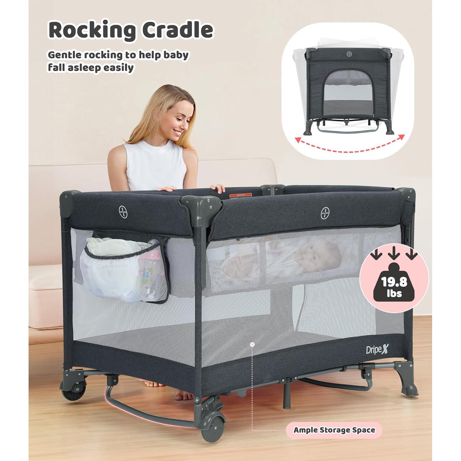 Dripex 5 in 1 Pack n Play with Bassinet, 2-Level Height Bedside Crib, Storage Pocket & Breathable Mesh - Foldable Portable Baby Playard for Newborn to Toddlers (Travel/Home), Dark Grey