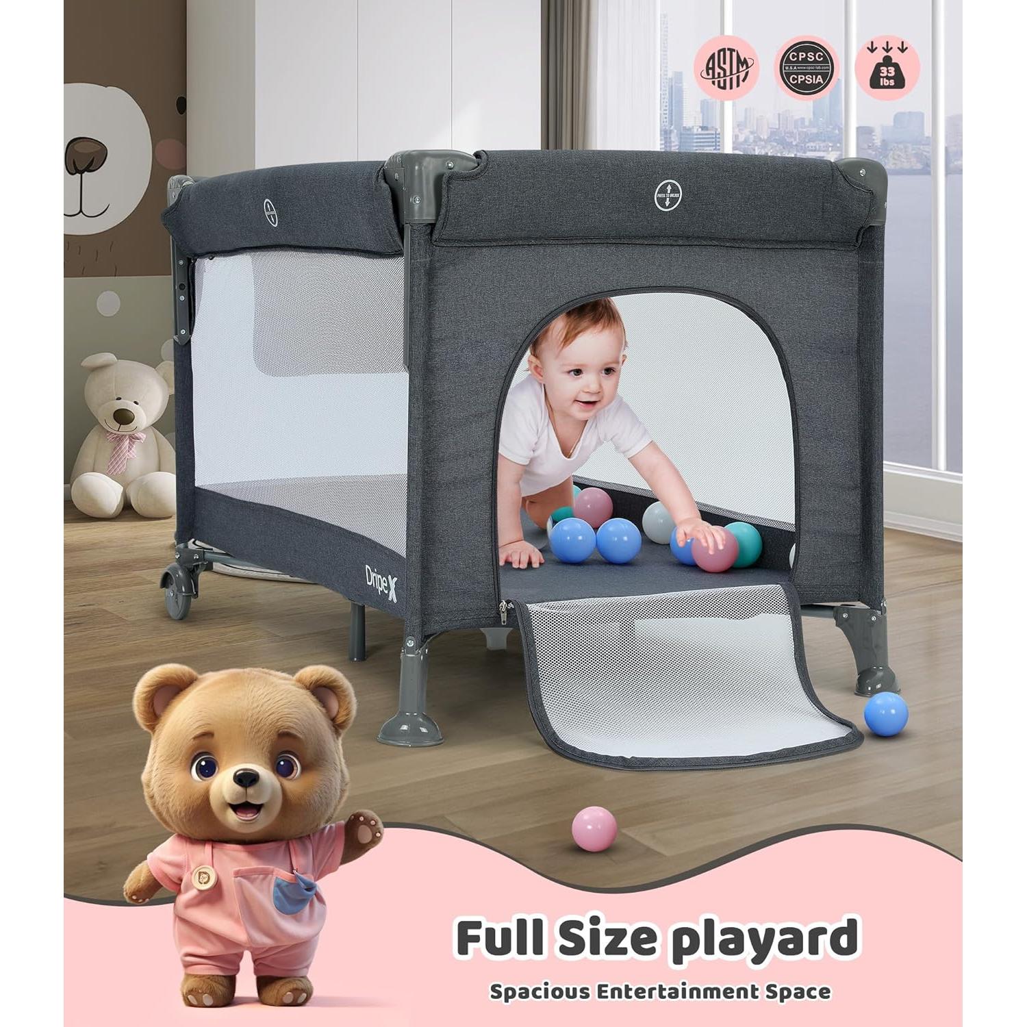 Dripex 5 in 1 Pack n Play with Bassinet, 2-Level Height Bedside Crib, Storage Pocket & Breathable Mesh - Foldable Portable Baby Playard for Newborn to Toddlers (Travel/Home), Dark Grey