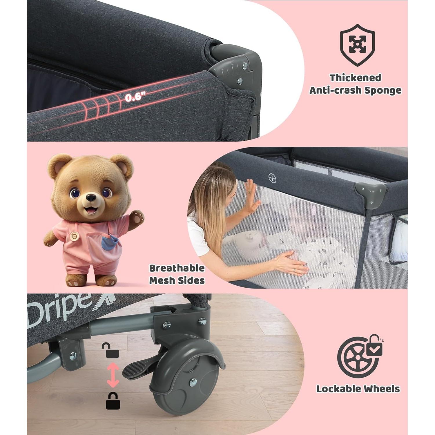 Dripex 5 in 1 Pack n Play with Bassinet, 2-Level Height Bedside Crib, Storage Pocket & Breathable Mesh - Foldable Portable Baby Playard for Newborn to Toddlers (Travel/Home), Dark Grey