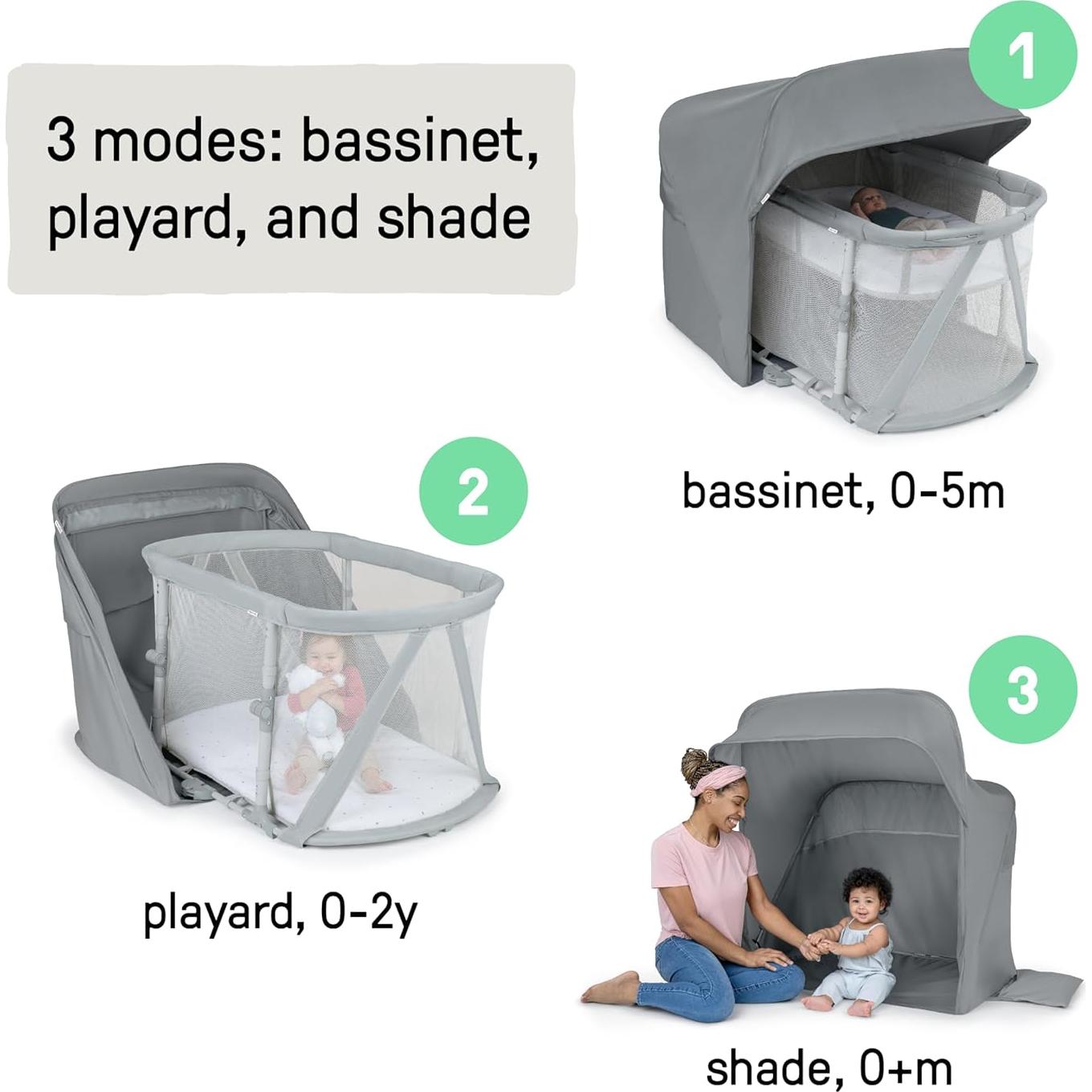 Cuna Portátil 3-en-1 Ingenuity Gris con Sombra UPF 50+