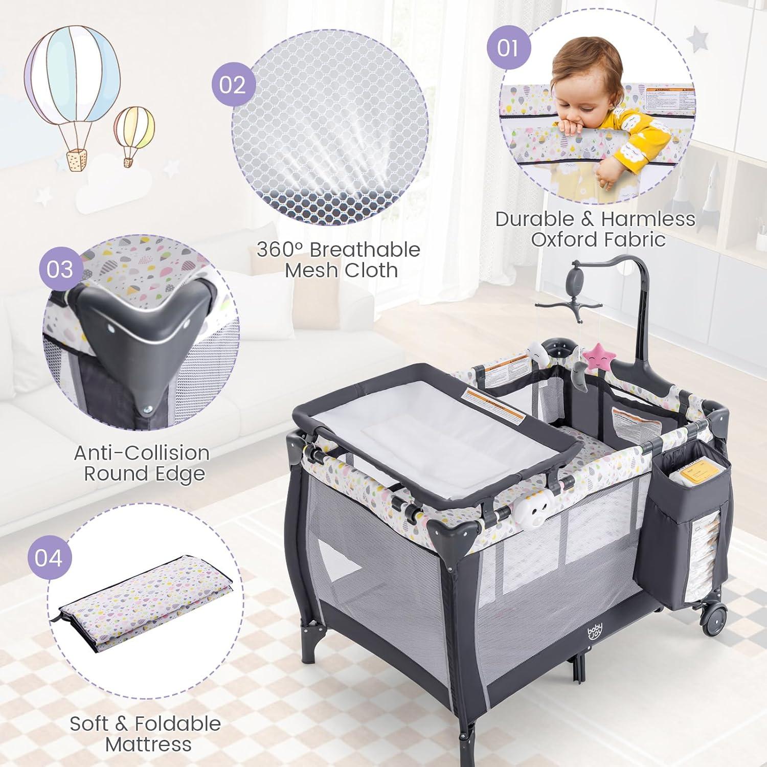 Cuna Plegable Costzon 3 en 1 con Mesa de Cambio y Juguetes