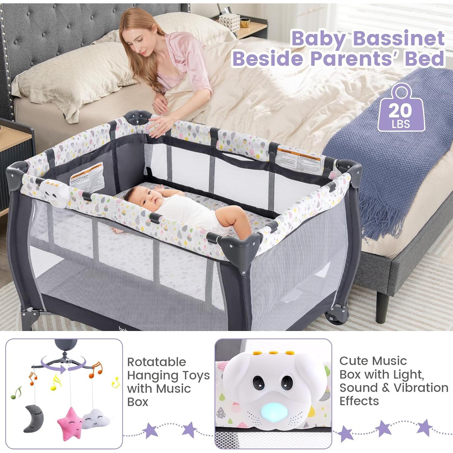 Cuna Plegable Costzon 3 en 1 con Mesa de Cambio y Juguetes