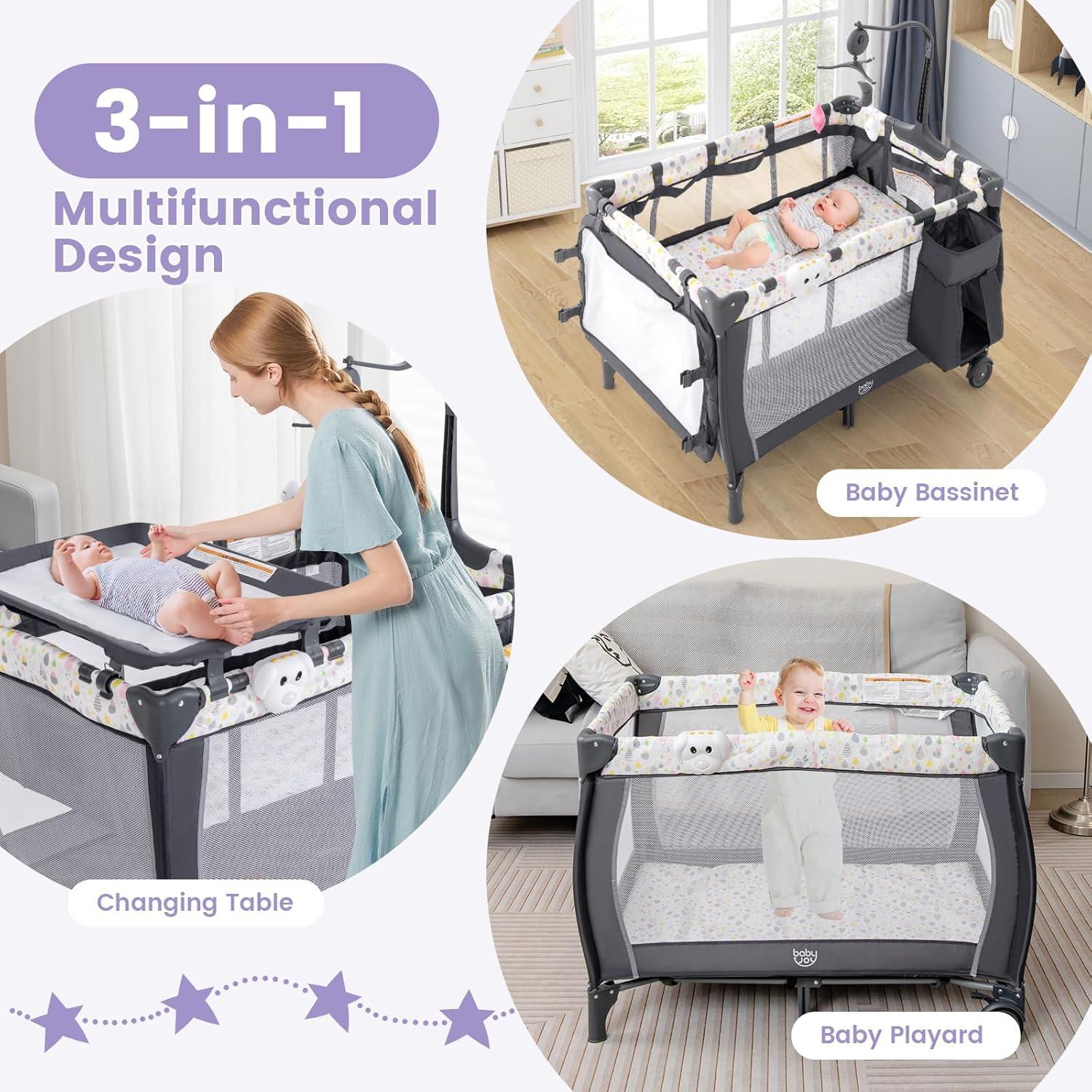 Cuna Plegable Costzon 3 en 1 con Mesa de Cambio y Juguetes