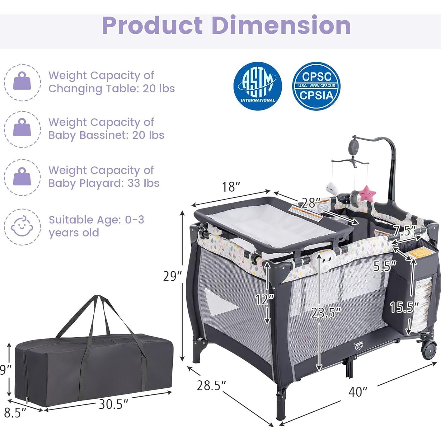 Cuna Plegable Costzon 3 en 1 con Mesa de Cambio y Juguetes