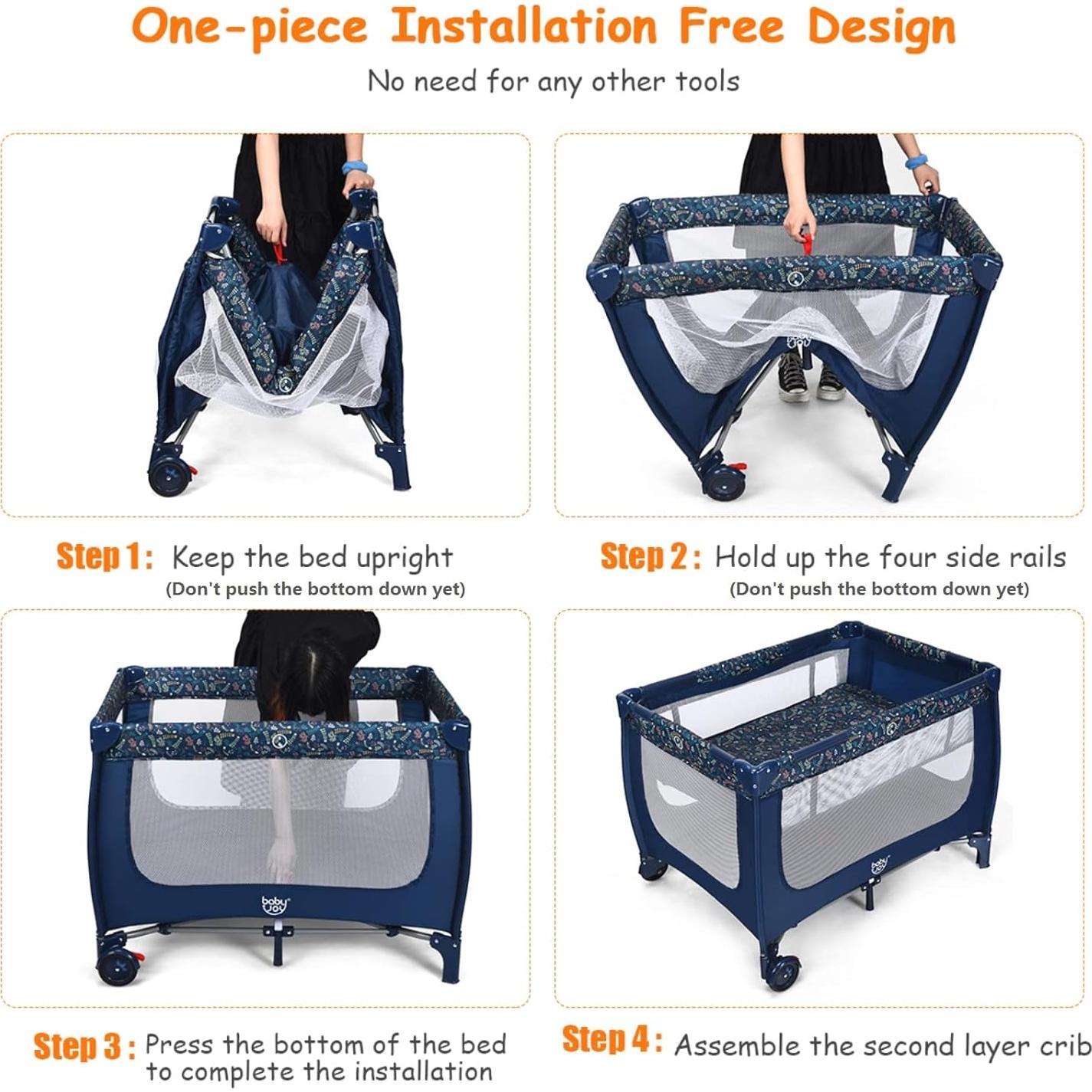 Cuna Portátil Baby Joy BP8116-4 Azul Plegable con Colchón