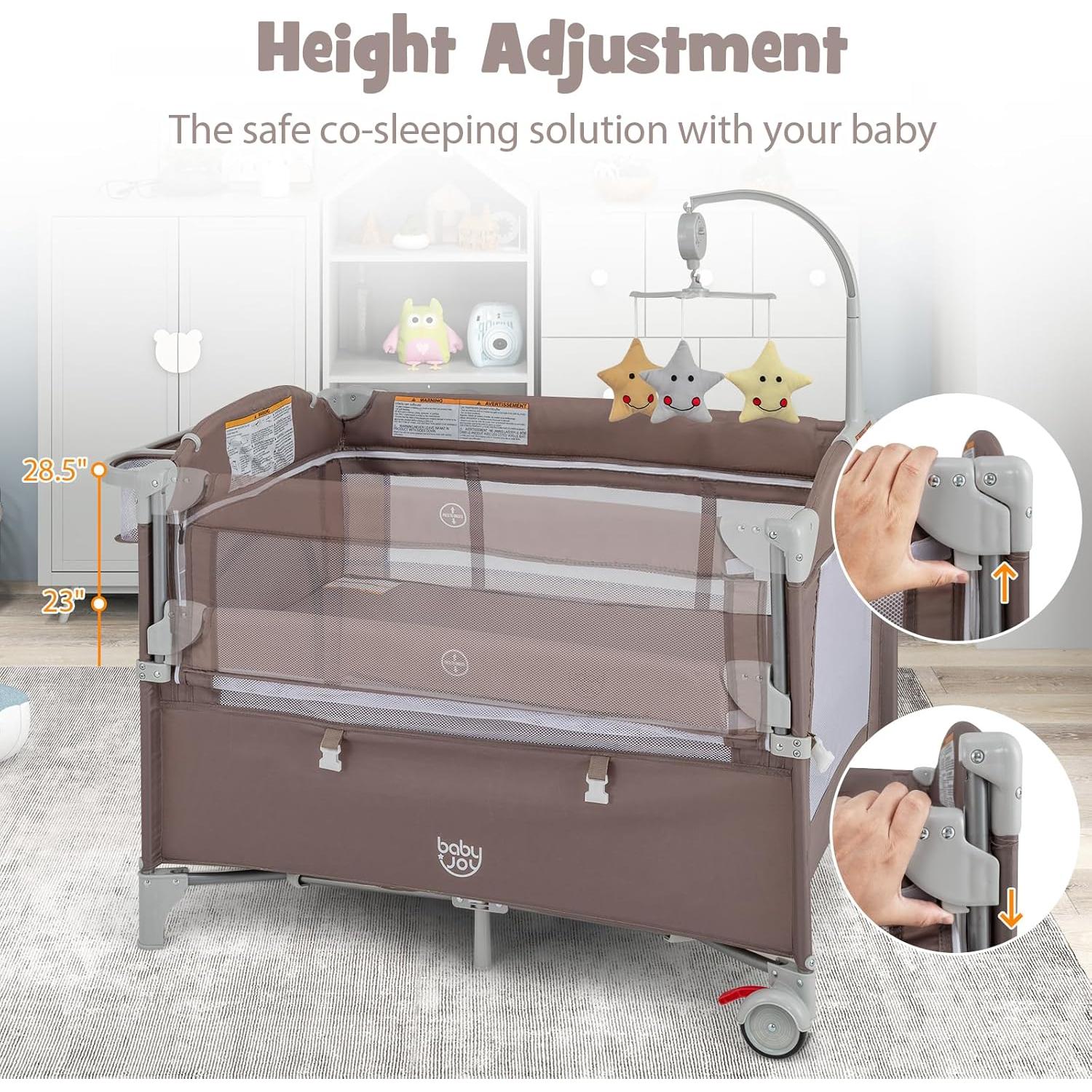 Cuna portátil 5-en-1 BABY JOY con cambiador y moisés - Café