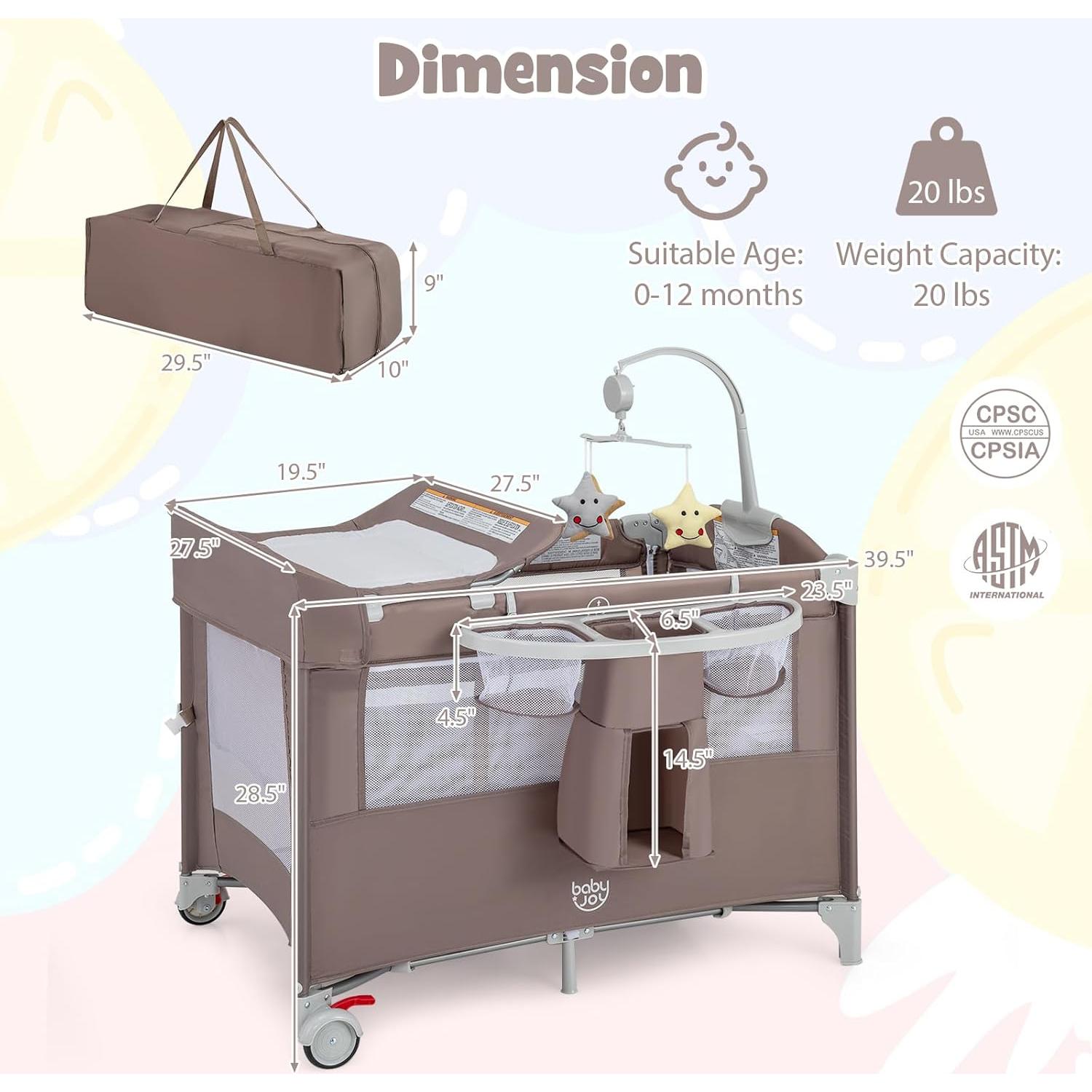 Cuna portátil 5-en-1 BABY JOY con cambiador y moisés - Café