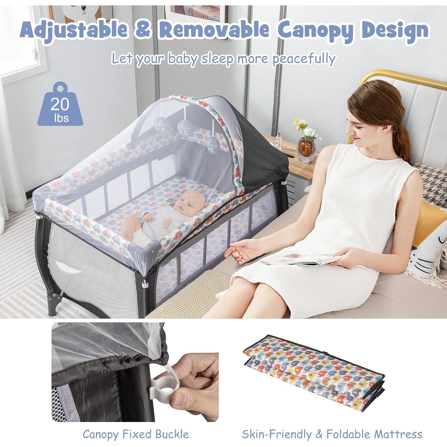 Cuna portátil 4 en 1 BABY JOY Elefante Colorido con dosel