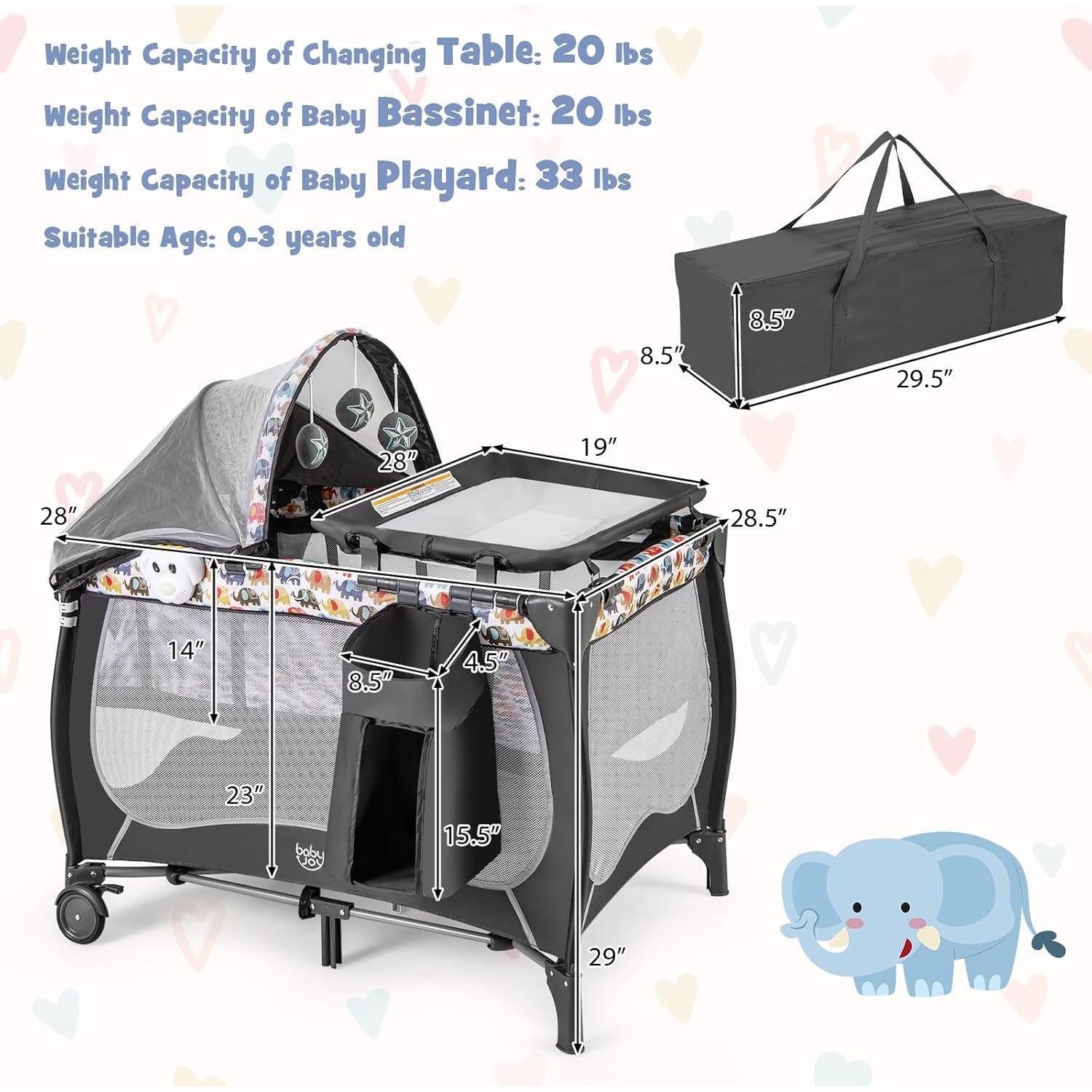 Cuna portátil 4 en 1 BABY JOY Elefante Colorido con dosel