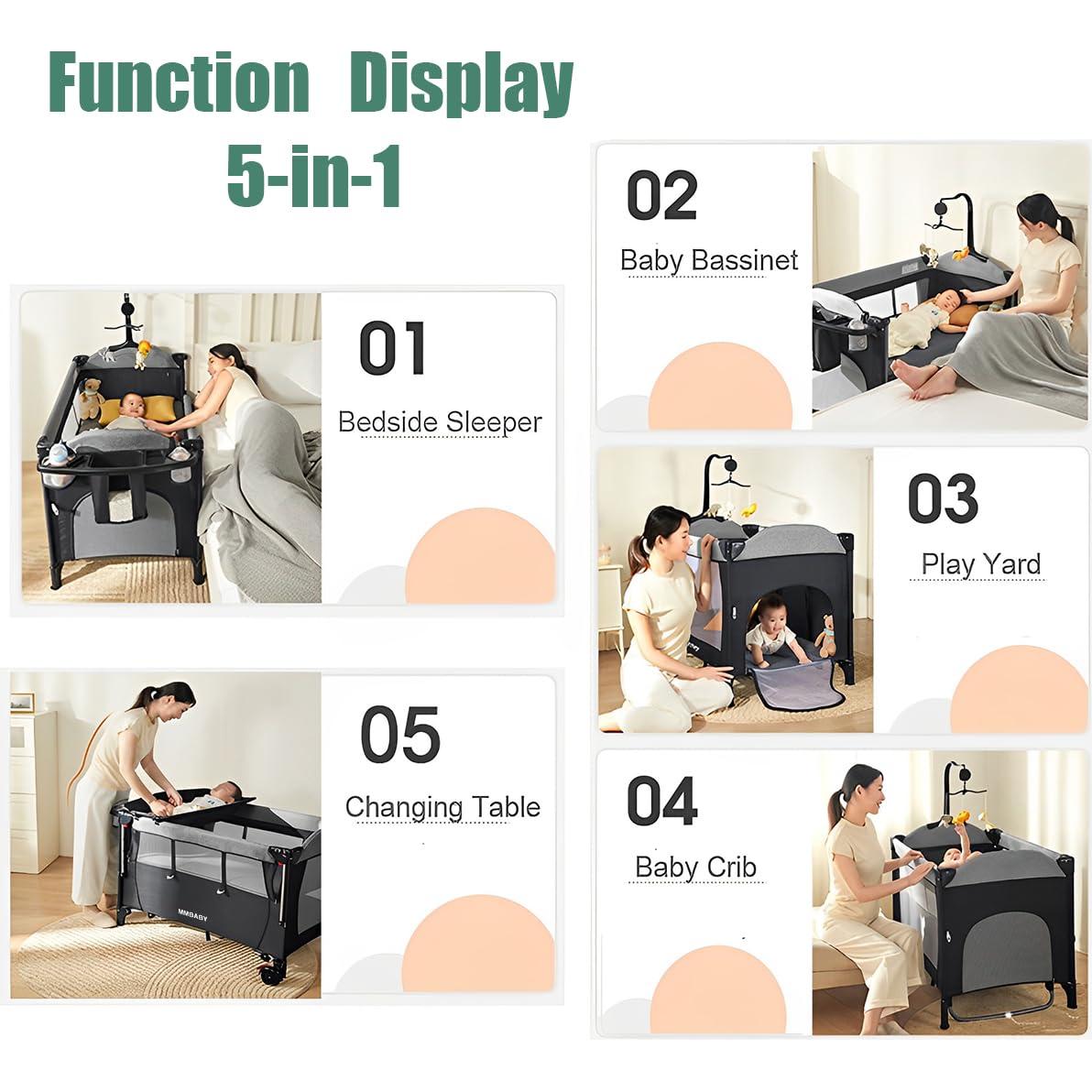 Cuna Portátil 5-en-1 MMBABY Negra, Cuna al Lado de la Cama