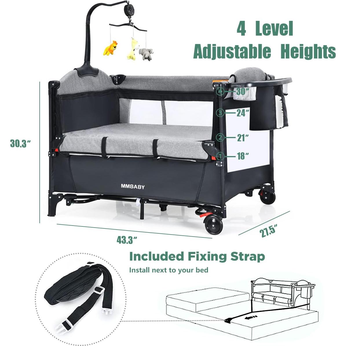 Cuna Portátil 5-en-1 MMBABY Negra, Cuna al Lado de la Cama