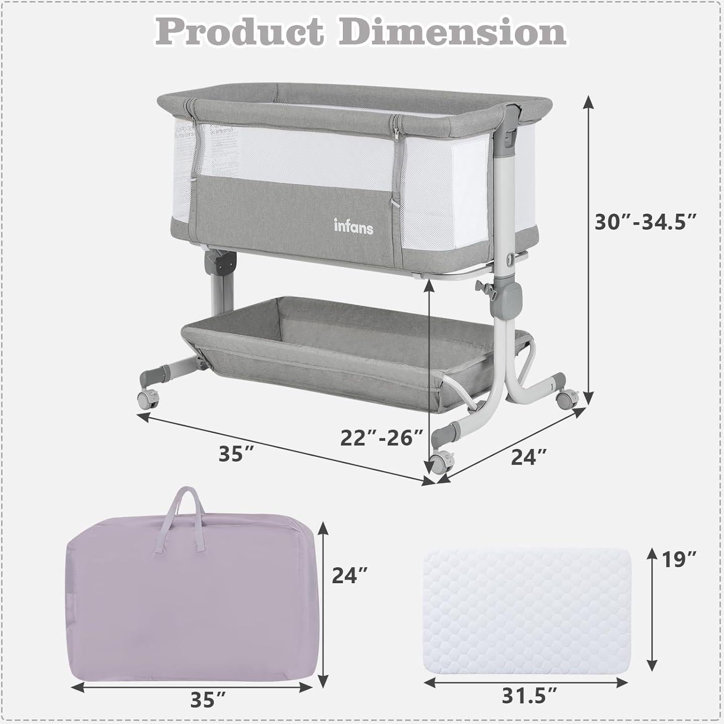 Cuna para Bebés INFANS 3 en 1 Lateral Ajustable Gris