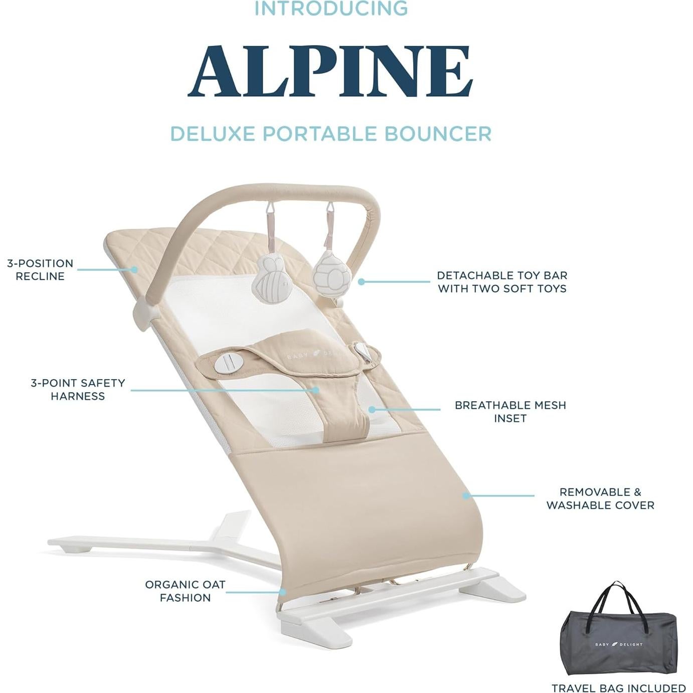 Bouncer Portátil Baby Delight Alpine Deluxe 0-6 Meses Algodón Orgánico