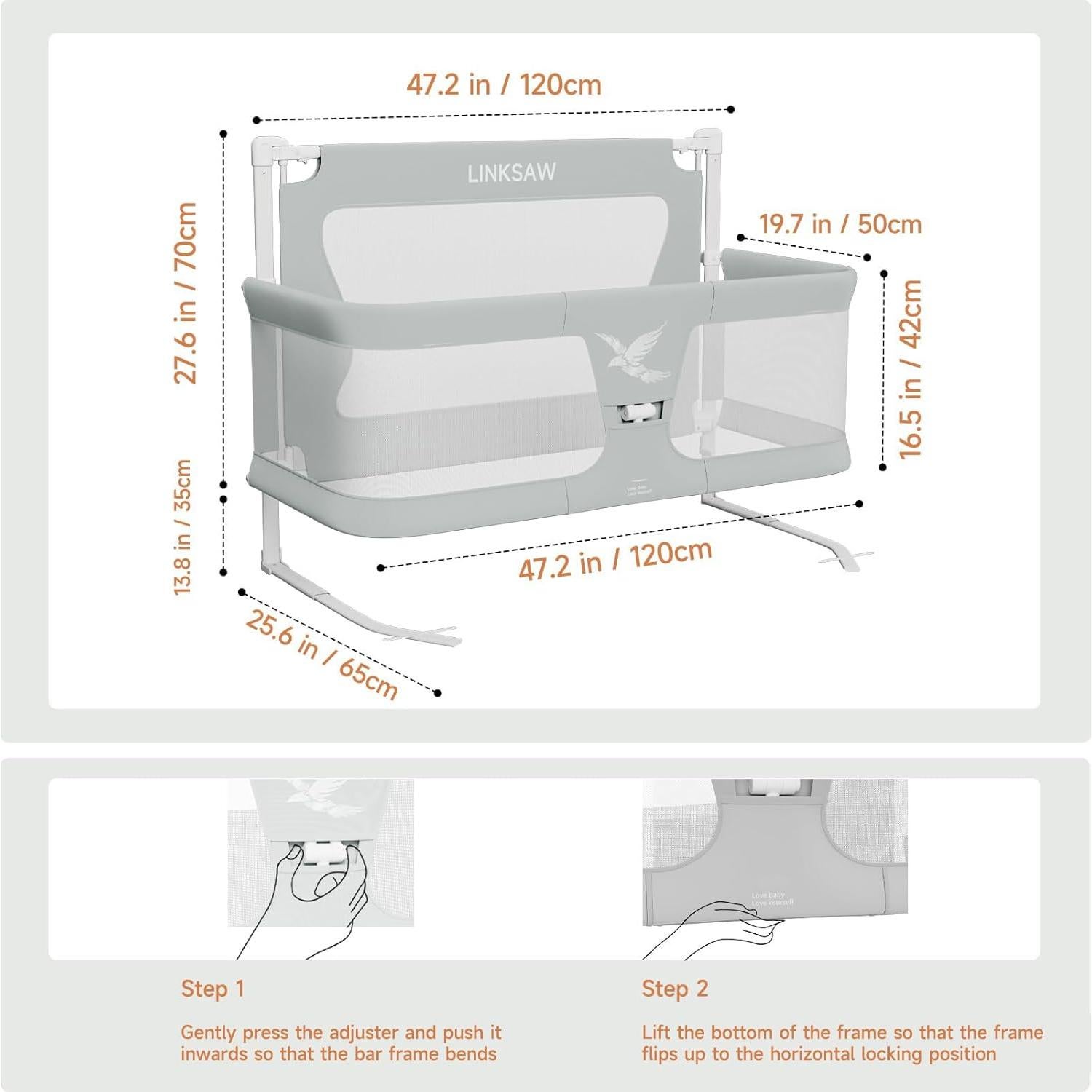 Cuna portátil 3 en 1 LINKSAW gris, cuna lateral para bebé