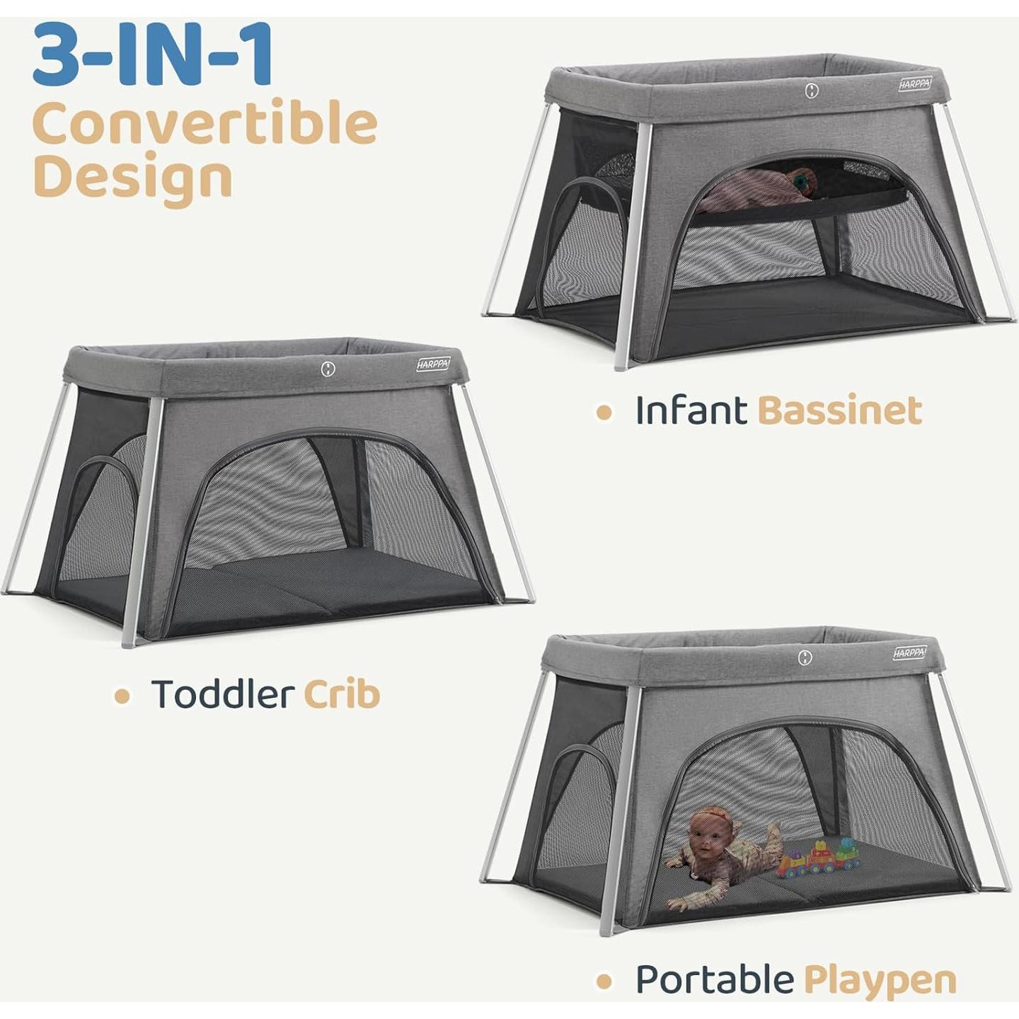 Cuna de viaje HARPPA 3 en 1 portátil plegable gris