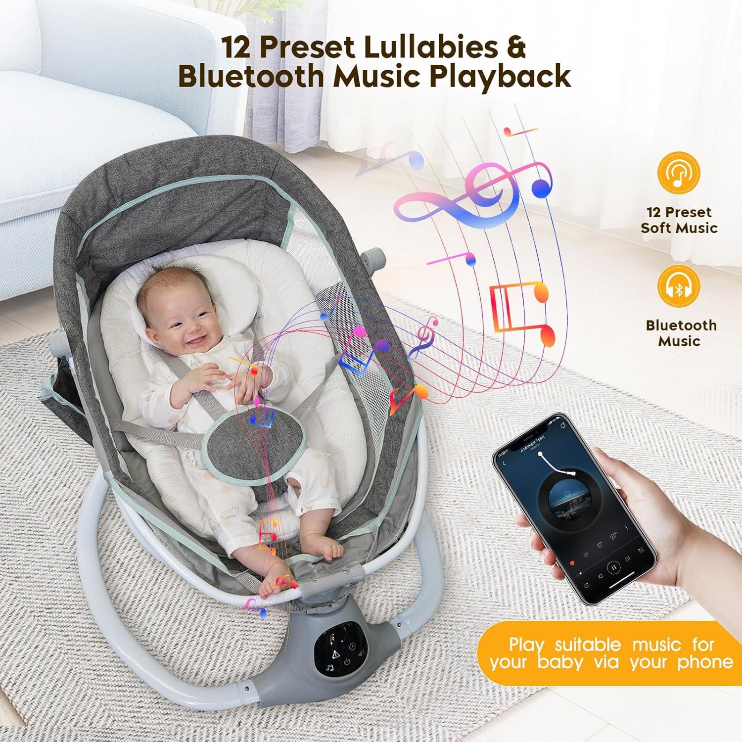 Columpio Eléctrico Portátil MelloBubbz Gris 5 Velocidades 9kg