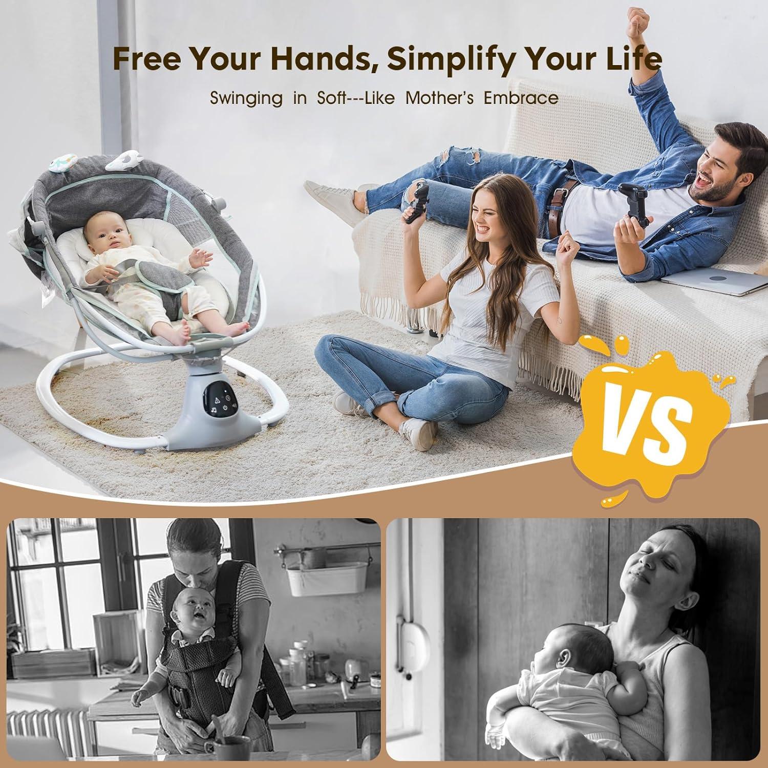 Columpio Eléctrico Portátil MelloBubbz Gris 5 Velocidades 9kg