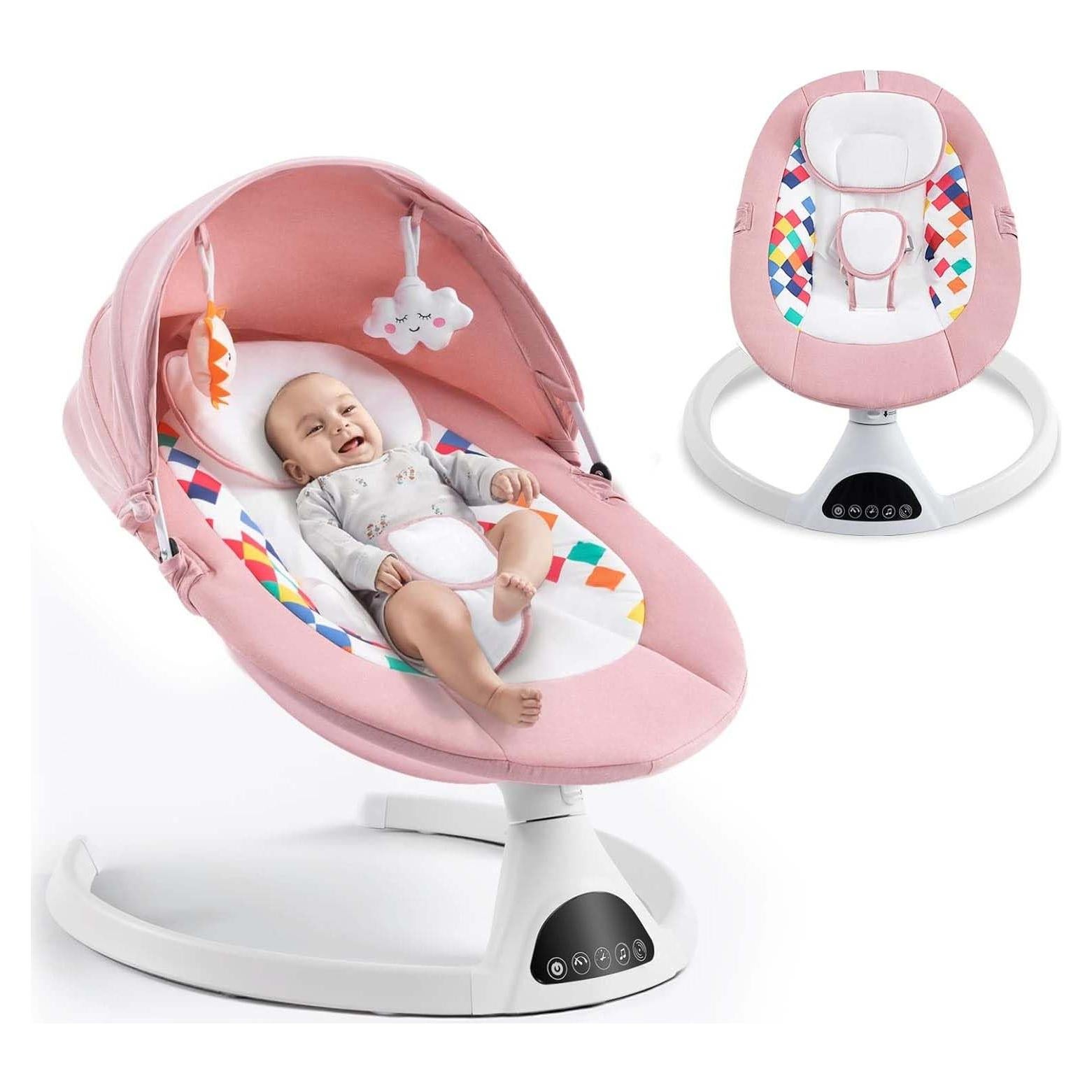 Columpio Eléctrico Portátil Soobaby Rosa Claro con Bluetooth