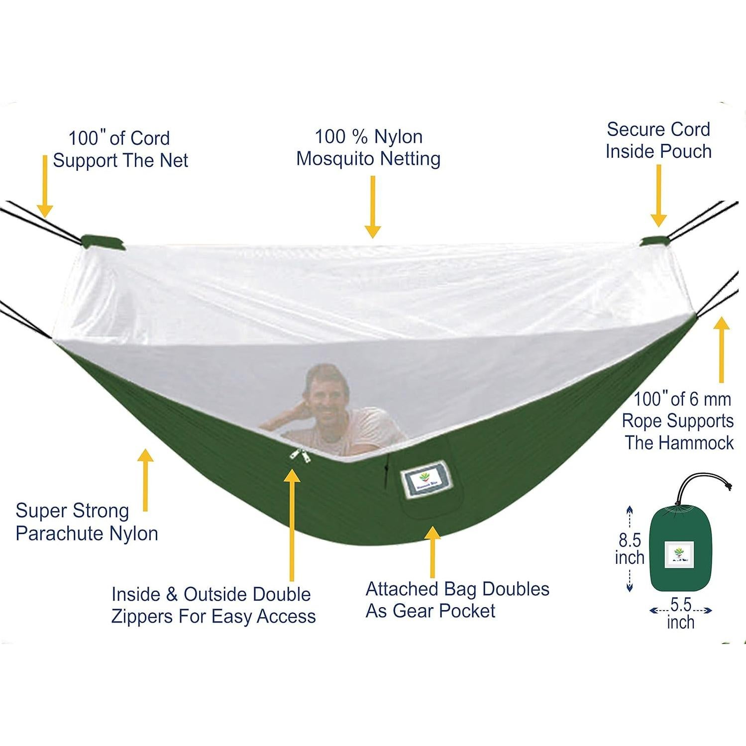 Hamaca Sin Mosquitos Hammock Bliss 300x150 cm Verde con Red