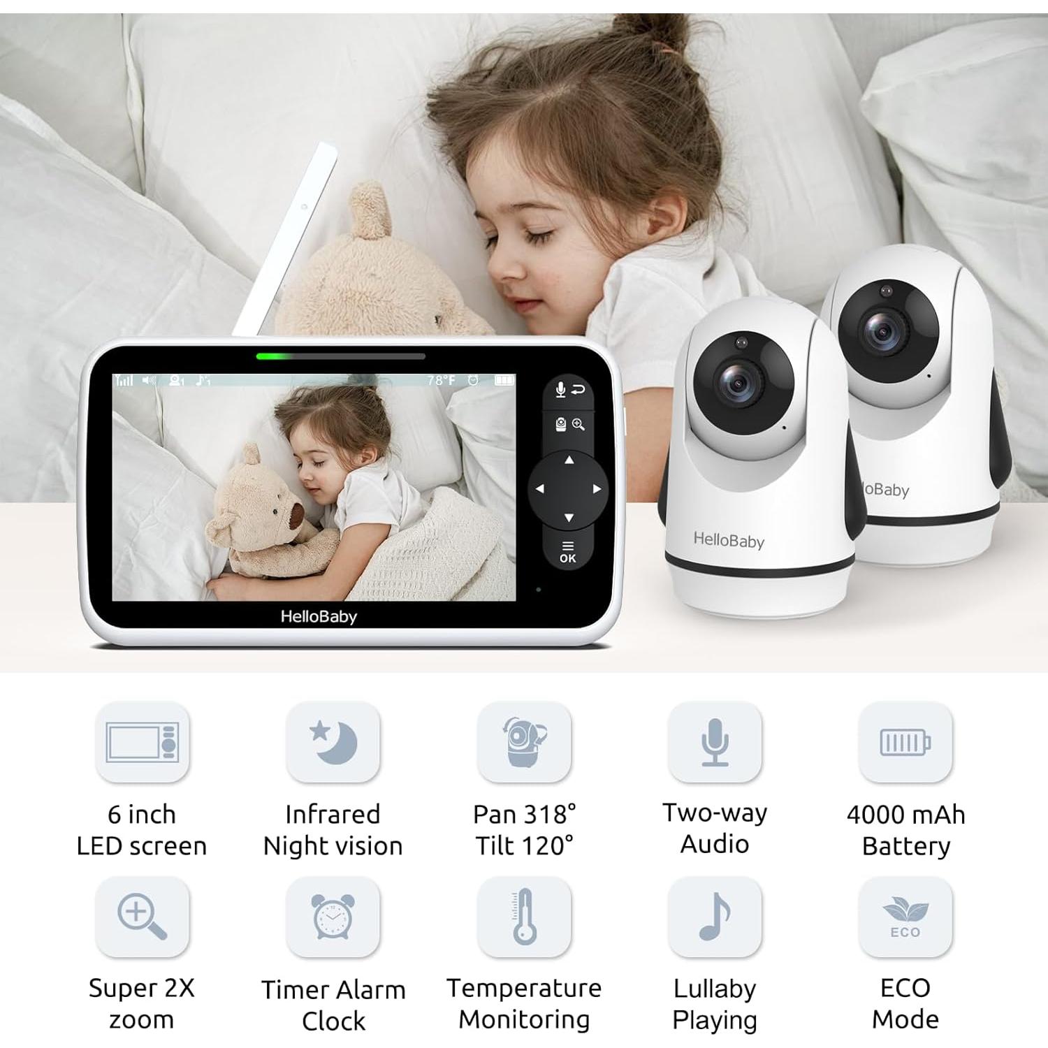 Monitor de Bebé HelloBaby HB6351Plus-2 6" Pantalla IPS 2 Cámaras
