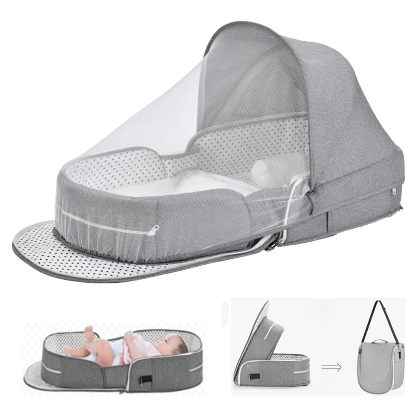 Cuna de Viaje Plegable PGONEEE Gris con Mosquitera 2-en-1