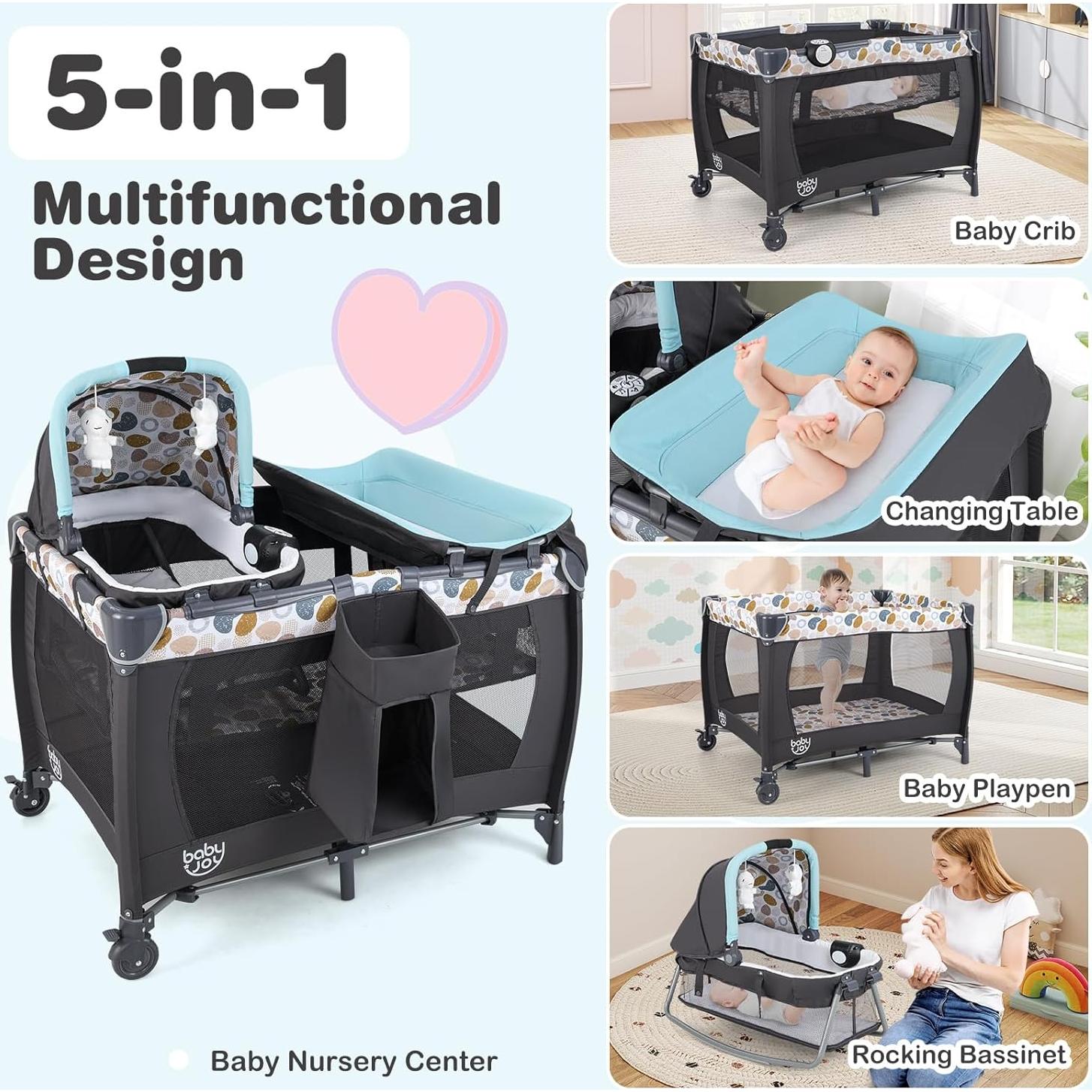 Cuna portátil 5 en 1 BABY JOY con cambiador y moisés azul