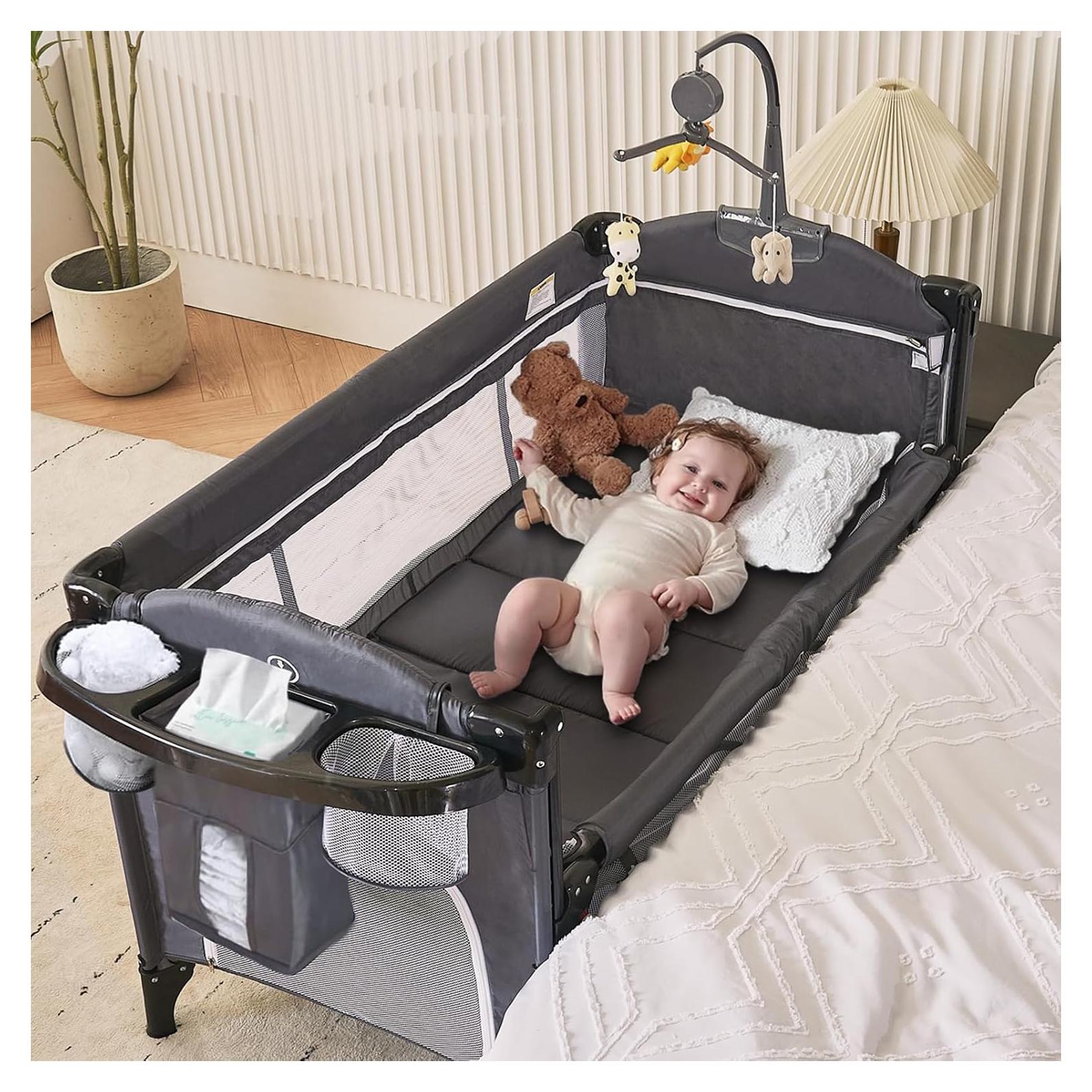 Cuna Plegable 5 en 1 MOOITZ Gris con Cambiador y Juguetes