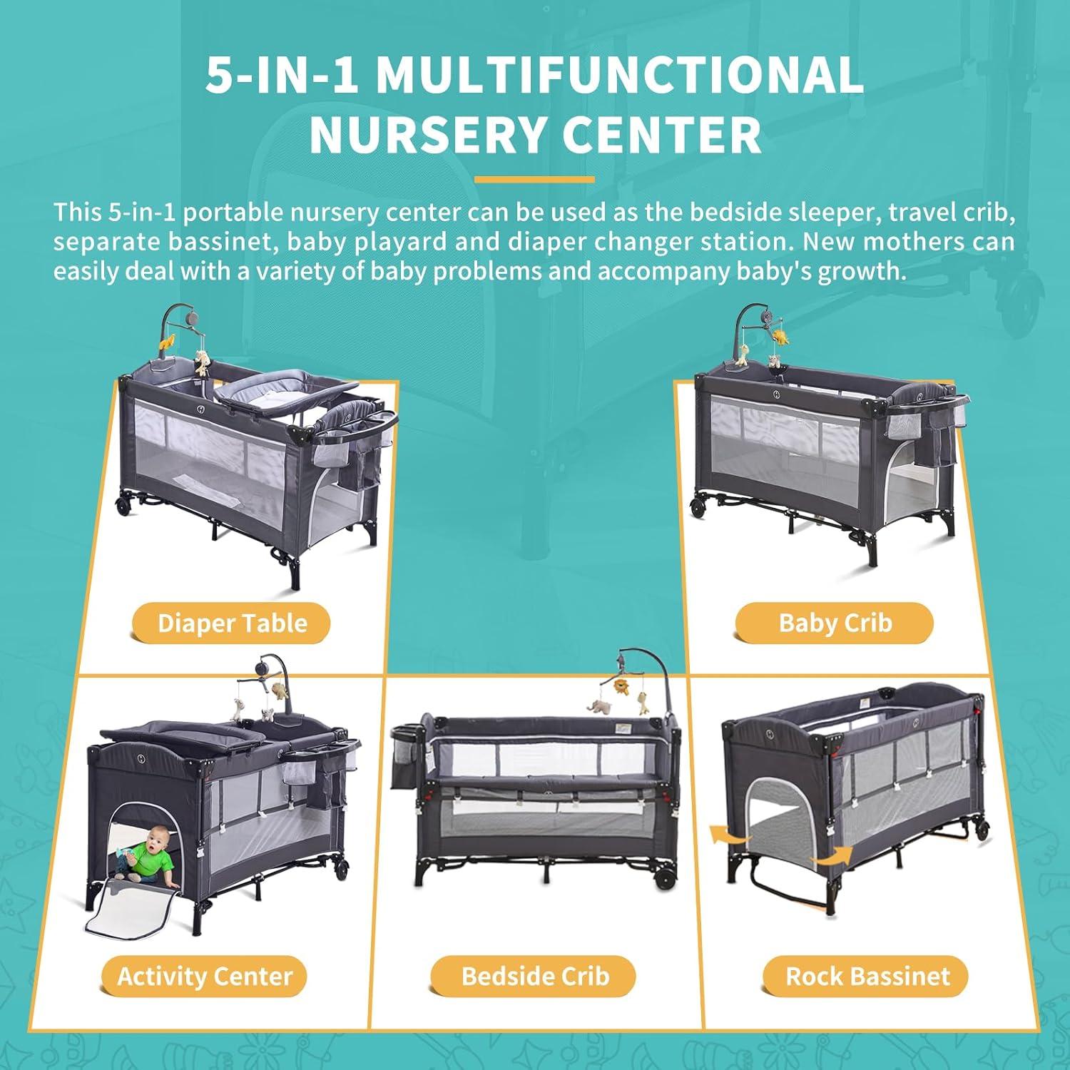 Cuna Plegable 5 en 1 MOOITZ Gris con Cambiador y Juguetes