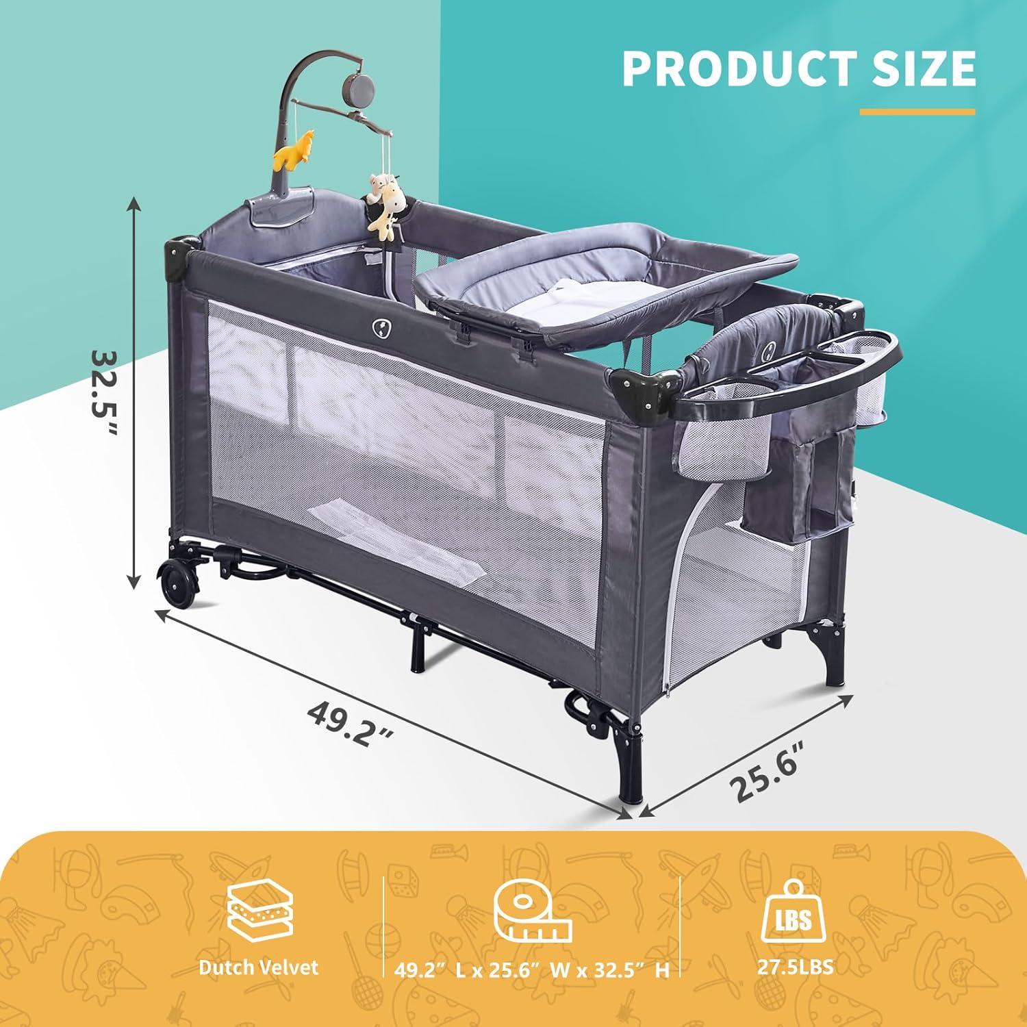 Cuna Plegable 5 en 1 MOOITZ Gris con Cambiador y Juguetes