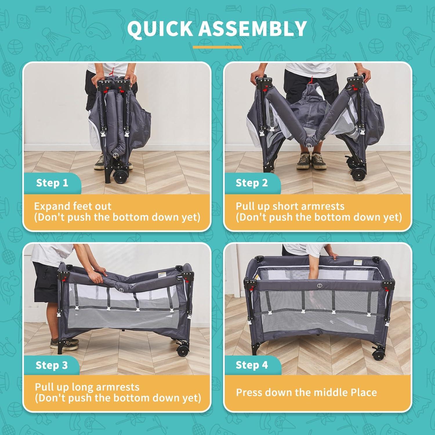 Cuna Plegable 5 en 1 MOOITZ Gris con Cambiador y Juguetes