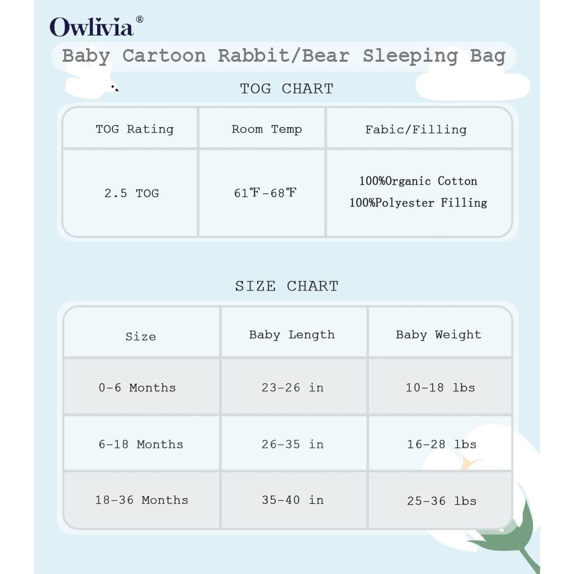 Saco de dormir Owlivia 100% algodón orgánico 2.5 TOG 18-36 meses