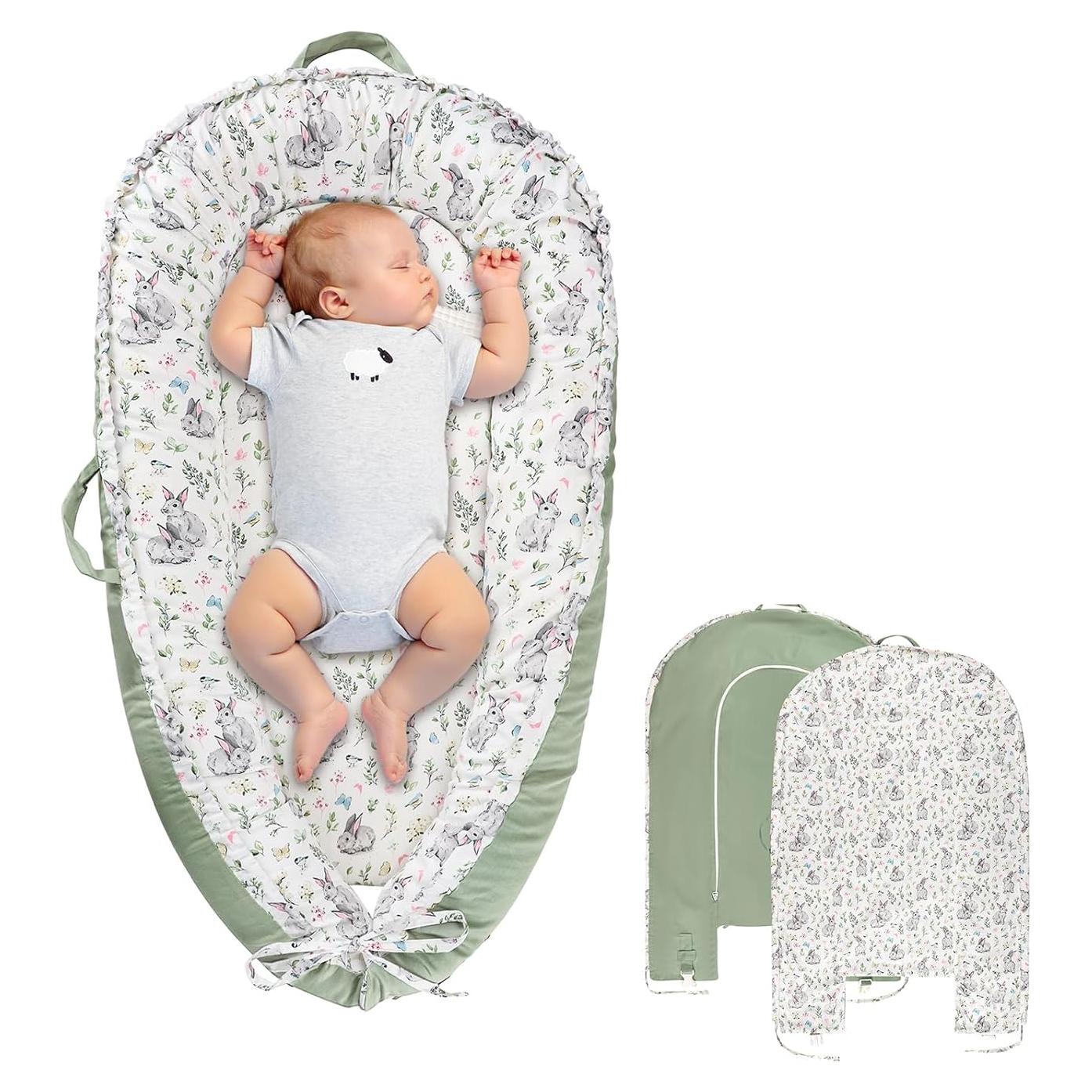 Funda Reversible para Lounger de Bebé Algodón Conejo Verde