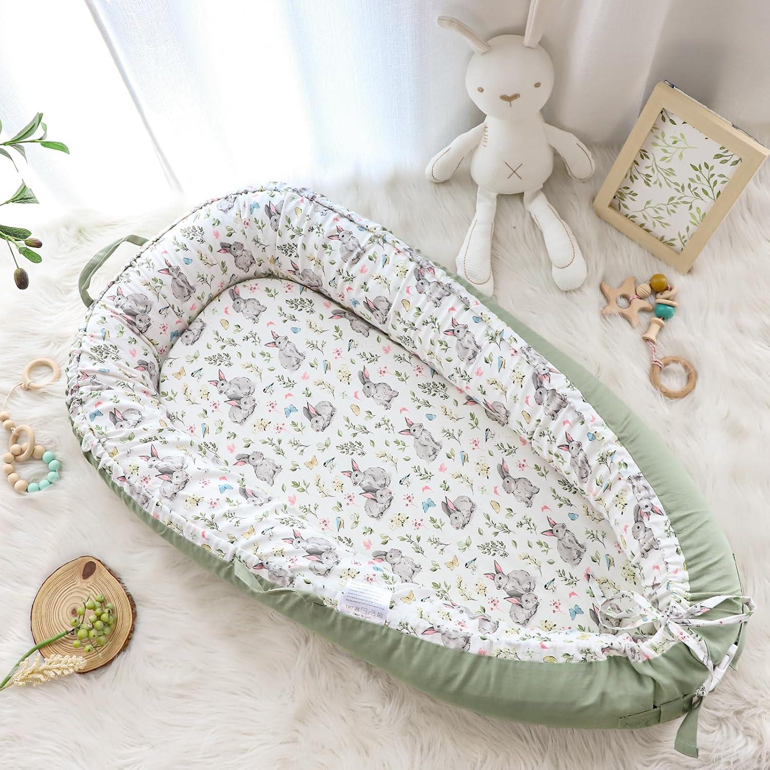 Funda Reversible para Lounger de Bebé Algodón Conejo Verde