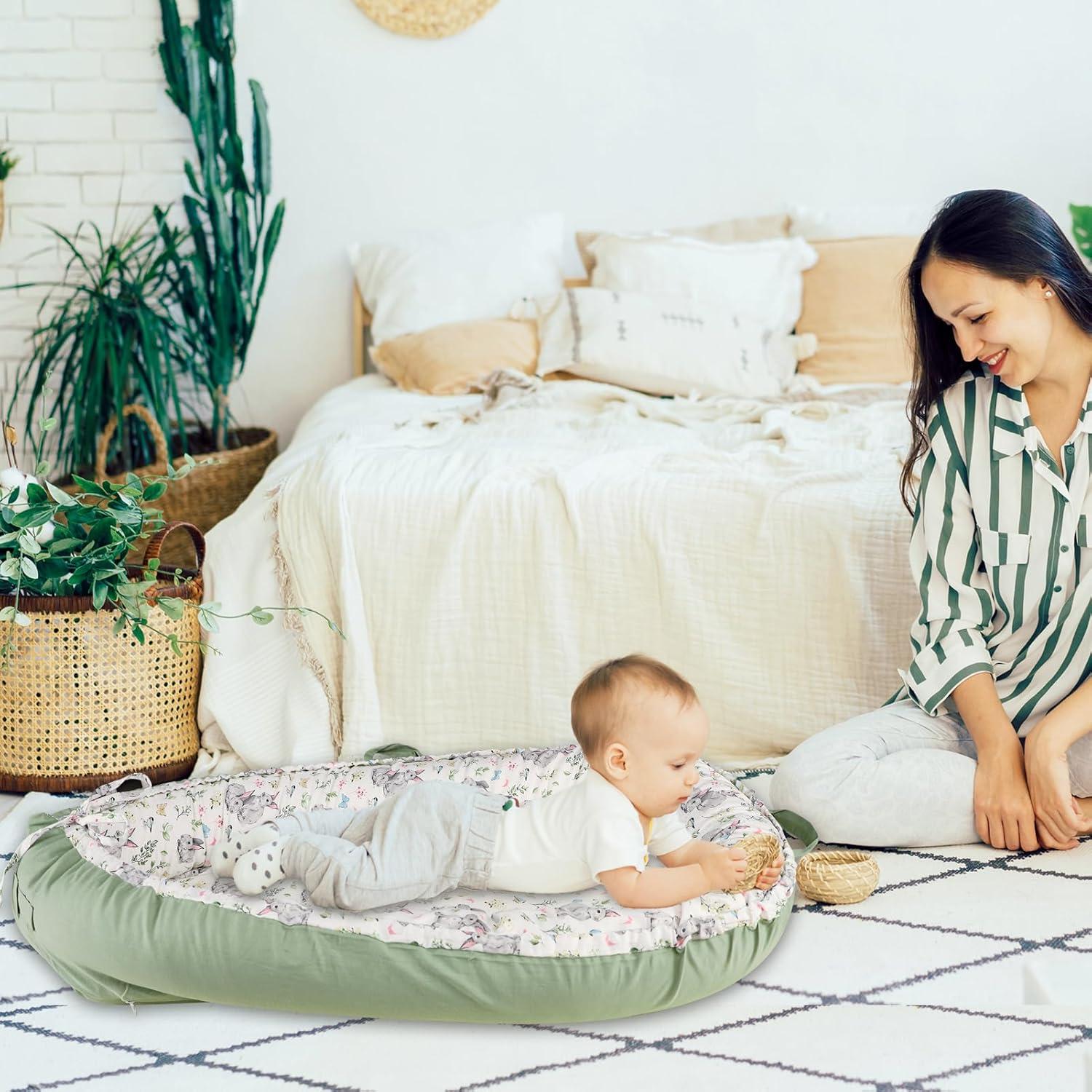 Funda Reversible para Lounger de Bebé Algodón Conejo Verde