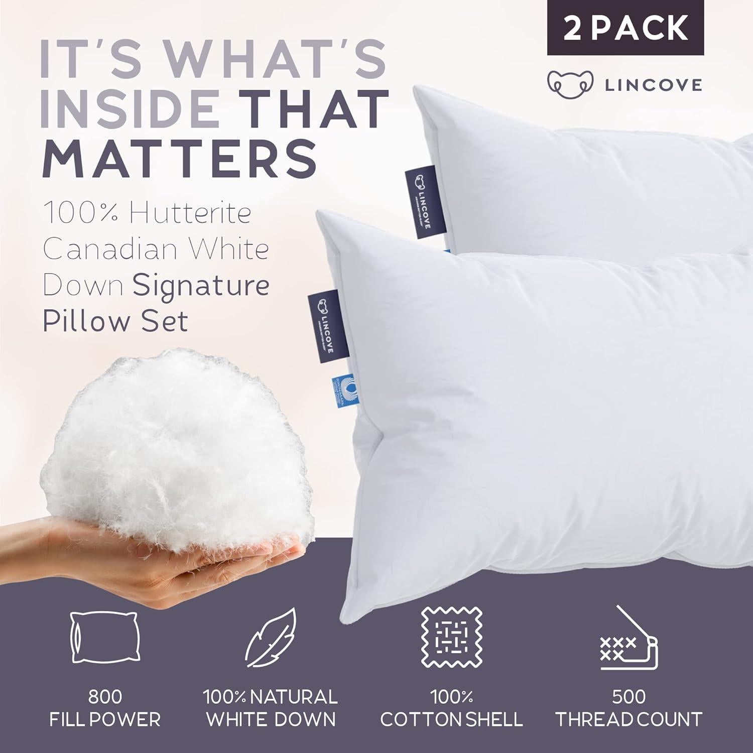 Almohada Lincove 100% Plumón Blanco Canadiense - Estándar Suave (Paquete de 2)
