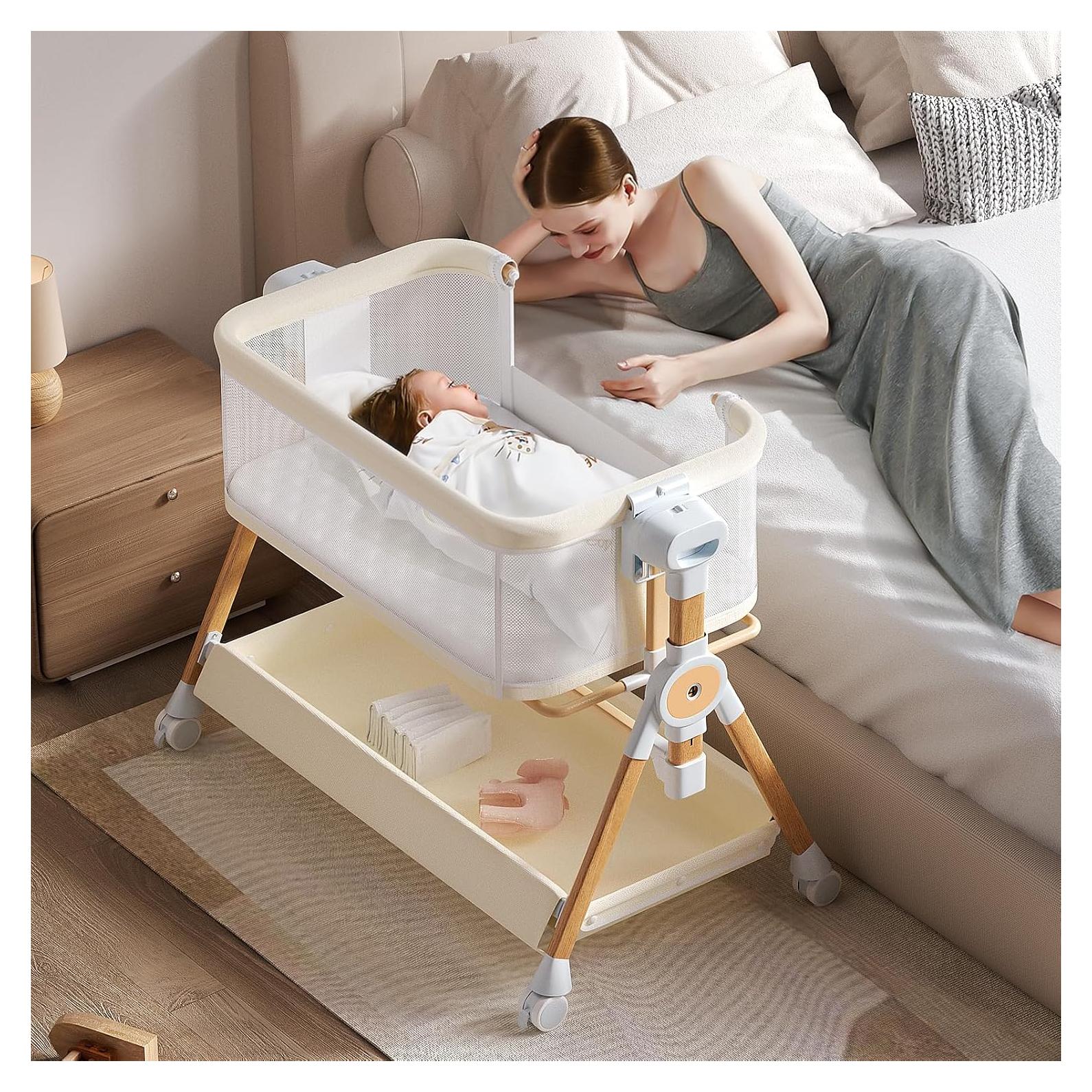 Cuna Lateral 3 en 1 Kingobabys Beige con Colchón Ajustable