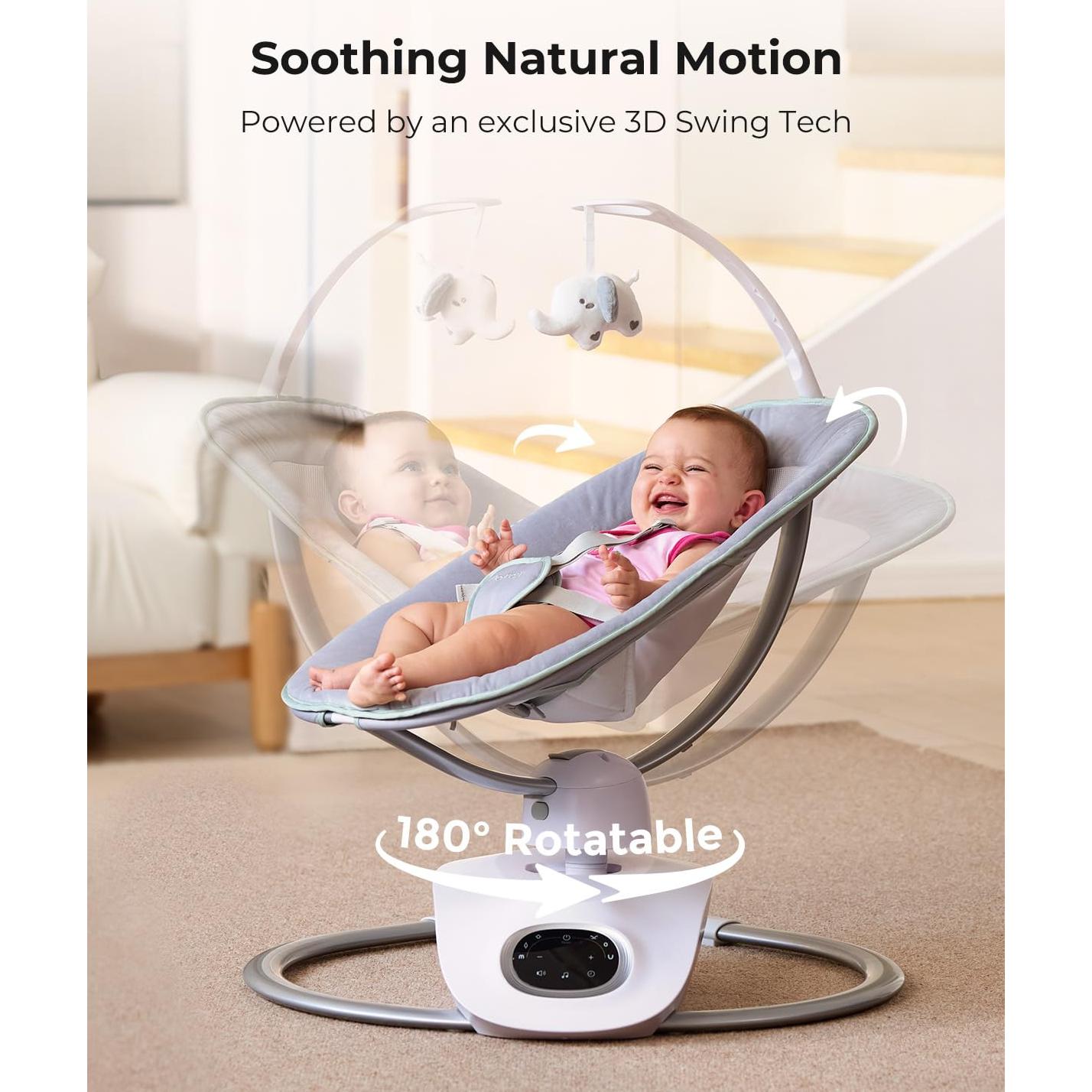 Momcozy CocoSway Baby Swing, Electric Swing for Infants with 180° Rotating Seat, 6 Soothing Sway Motions & 4 Speeds, Remote & Touchscreen, 8 Preset Lullabies, Grey