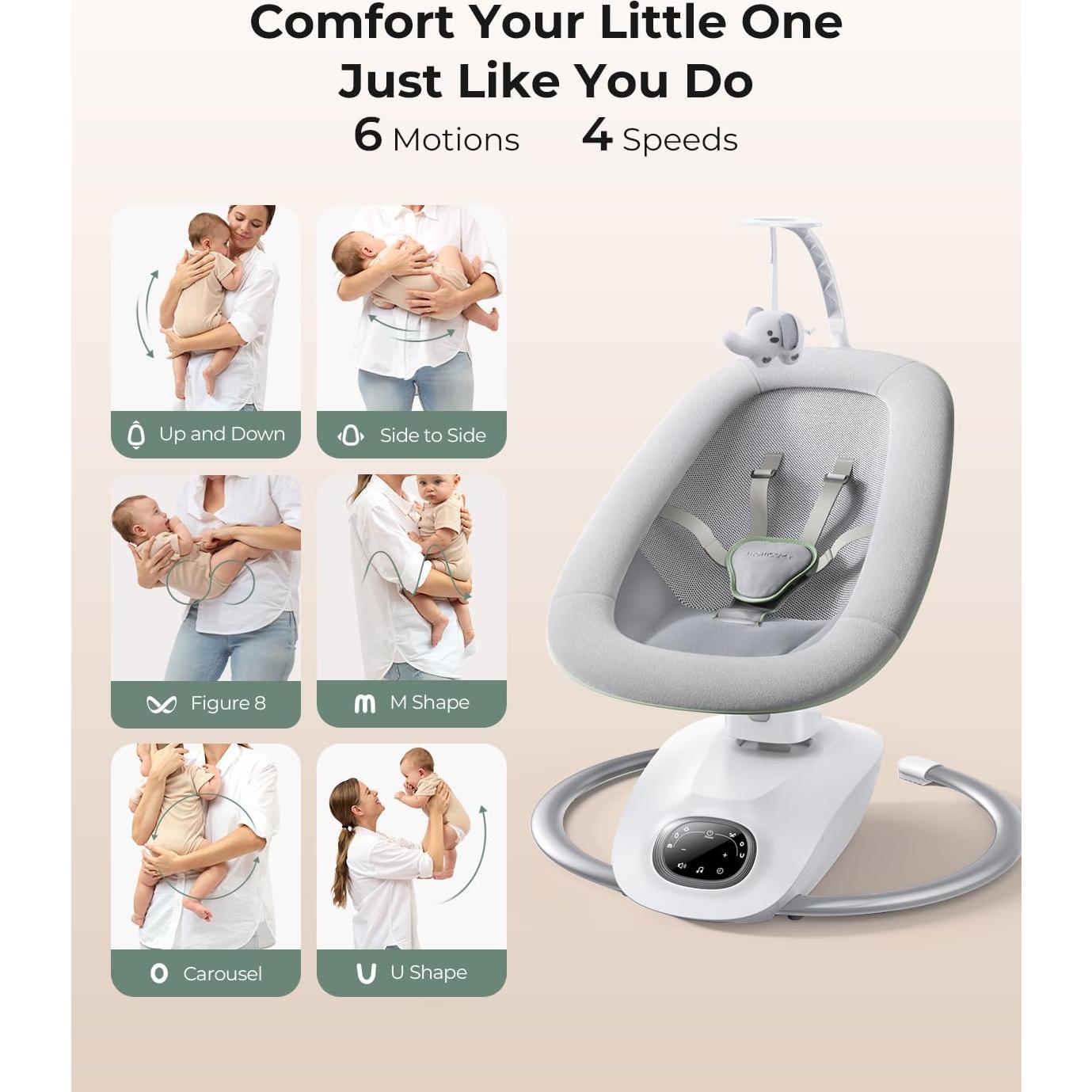 Momcozy CocoSway Baby Swing, Electric Swing for Infants with 180° Rotating Seat, 6 Soothing Sway Motions & 4 Speeds, Remote & Touchscreen, 8 Preset Lullabies, Grey