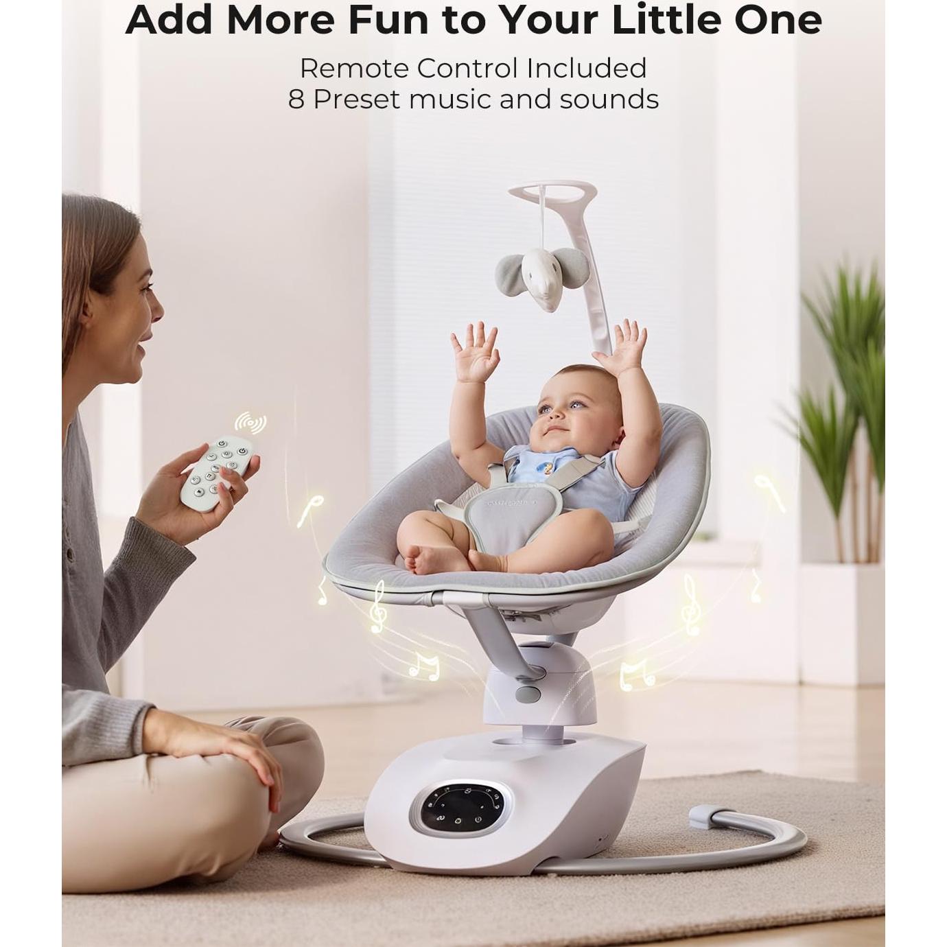Momcozy CocoSway Baby Swing, Electric Swing for Infants with 180° Rotating Seat, 6 Soothing Sway Motions & 4 Speeds, Remote & Touchscreen, 8 Preset Lullabies, Grey
