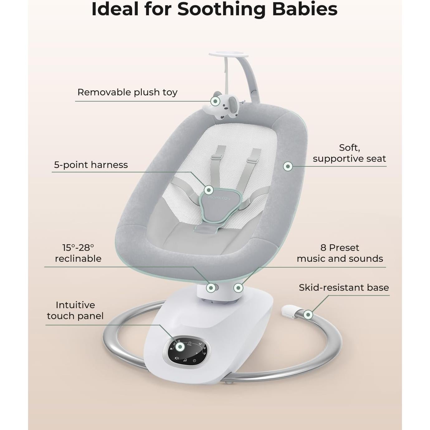 Momcozy CocoSway Baby Swing, Electric Swing for Infants with 180° Rotating Seat, 6 Soothing Sway Motions & 4 Speeds, Remote & Touchscreen, 8 Preset Lullabies, Grey