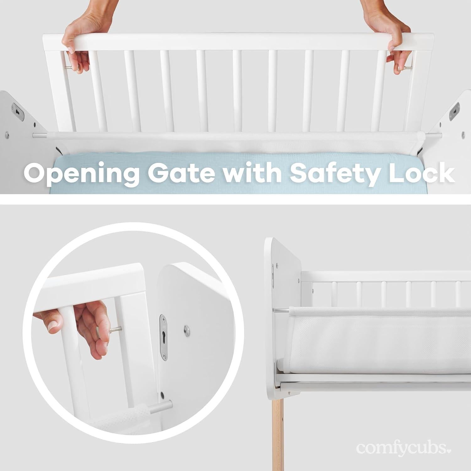 Cuna Lateral de Madera Comfy Cubs - Ajustable y Segura